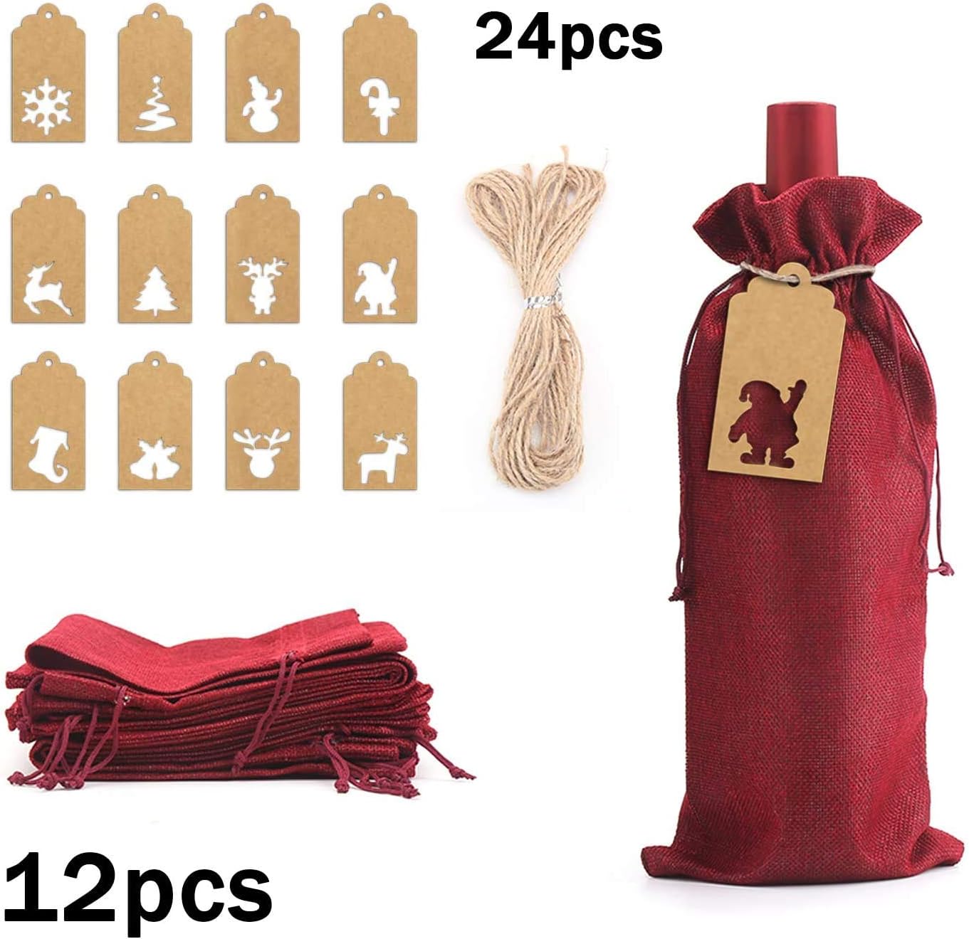 LOKIPA Burlap Wine Gift Bags, 12 Pcs Jute Wine Bottle Bags with Drawstring,Reusable Wines Bottle Covers with String and Tag for Christmas Wine Burlap bag1