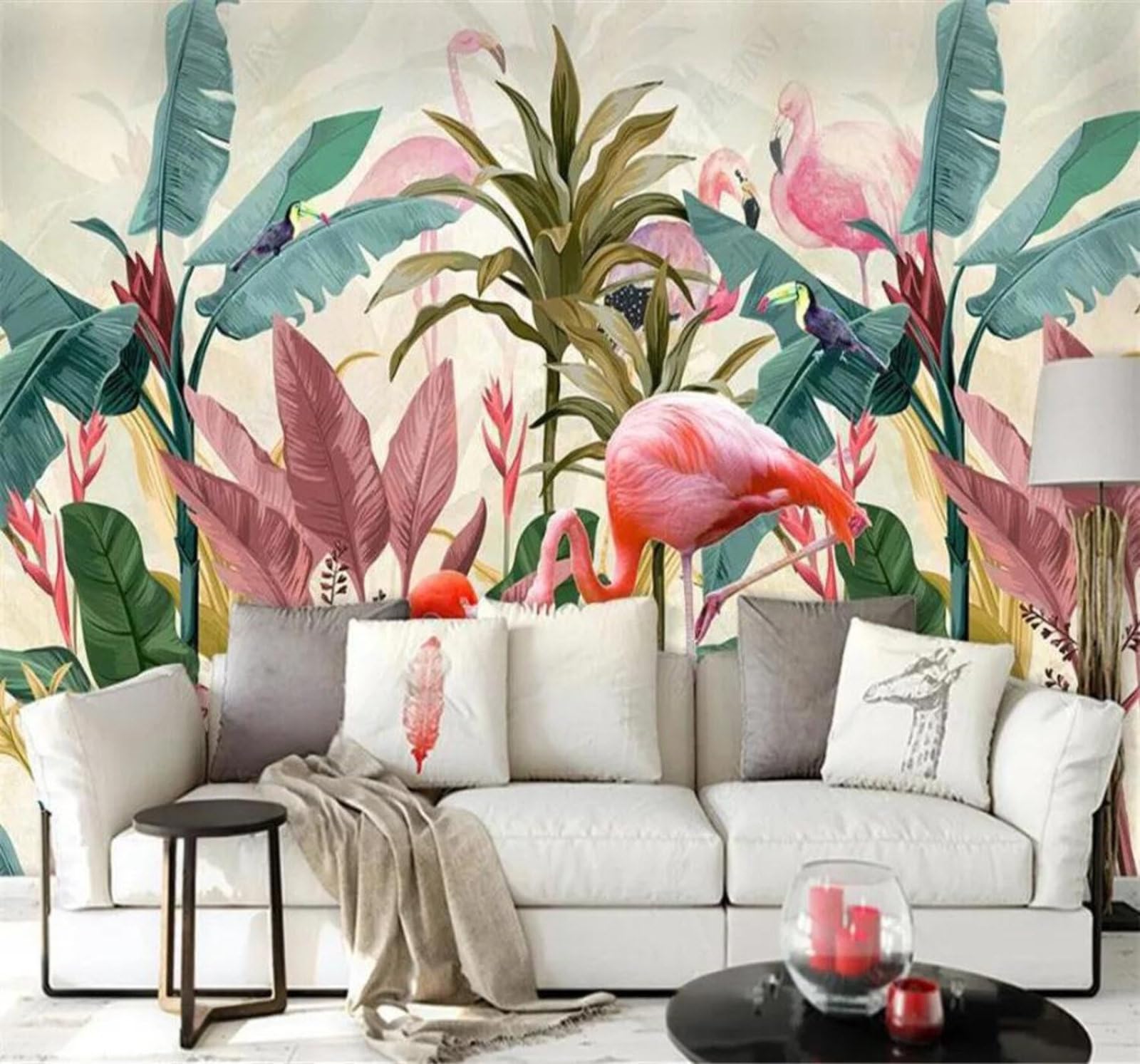 Tzxztt 400Cm×280Cm(B×H) Minimalist Fresh Beautiful Plants Leaves Flamingos Modern 3D Wallpaper Premium Textured Silk Neutral Tones Material Ideal For Living Room Bedroom-400Cm×280Cm