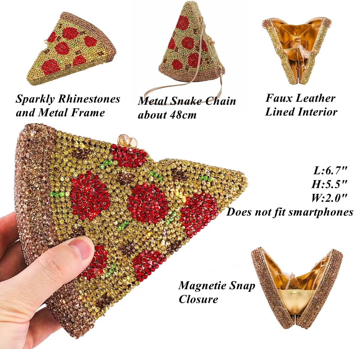 Women Novelty Pizza Shaped Rhinestone Evening Bag Funny Pizza Crystal Clutch Purse Diamonds Handbag for Party Prom