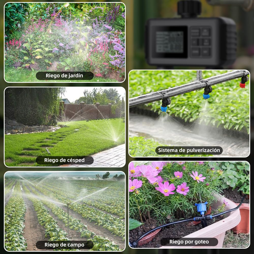 Uzoli Programador riego 2 Salidas, Temporizador de riego automático a Pilas | Programación independiente para 2 zonas • Retraso por lluvia • Modo manual • Para jardín, césped, huerto elevado, invernadero