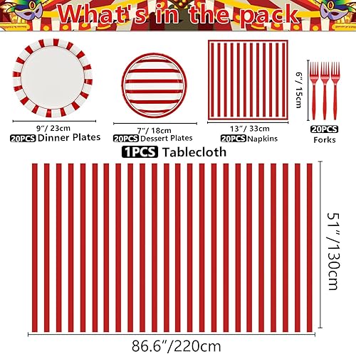 Miniatura 2 de Suministros de fiesta de circo de carnaval, decoraciones de fiesta de tiras rojas y blancas, 81 piezas, incluye platos, servilletas, mantel de
