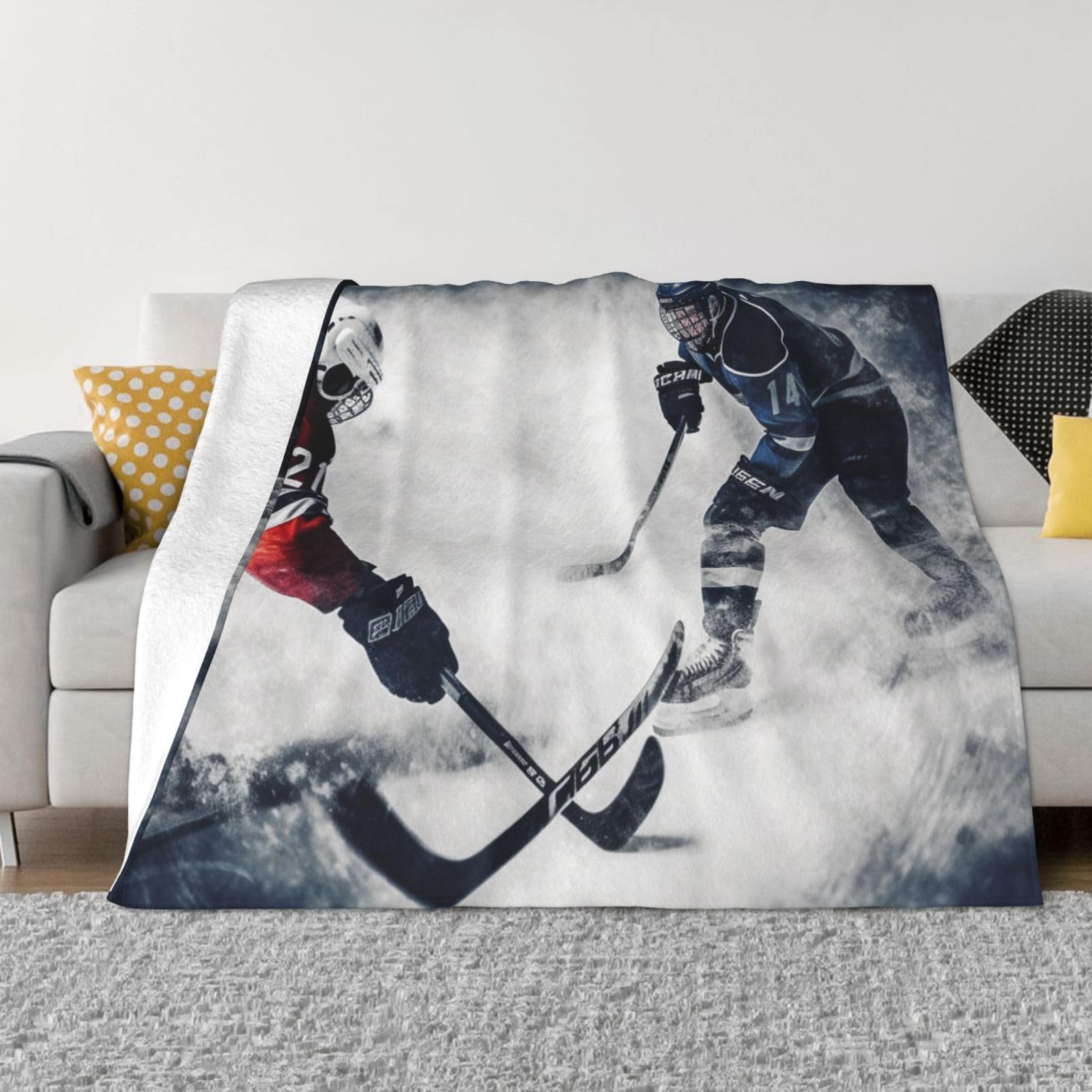 KLOPH Ice Hockey Art Throw Blanket 60"x50" Flannel Fluffy Warm Blanket for Couch, Reversible Plush Blankets for Bed, Comfy Fuzzy Blanket for Sofa, Plush Lightweight-Blankets for All Season