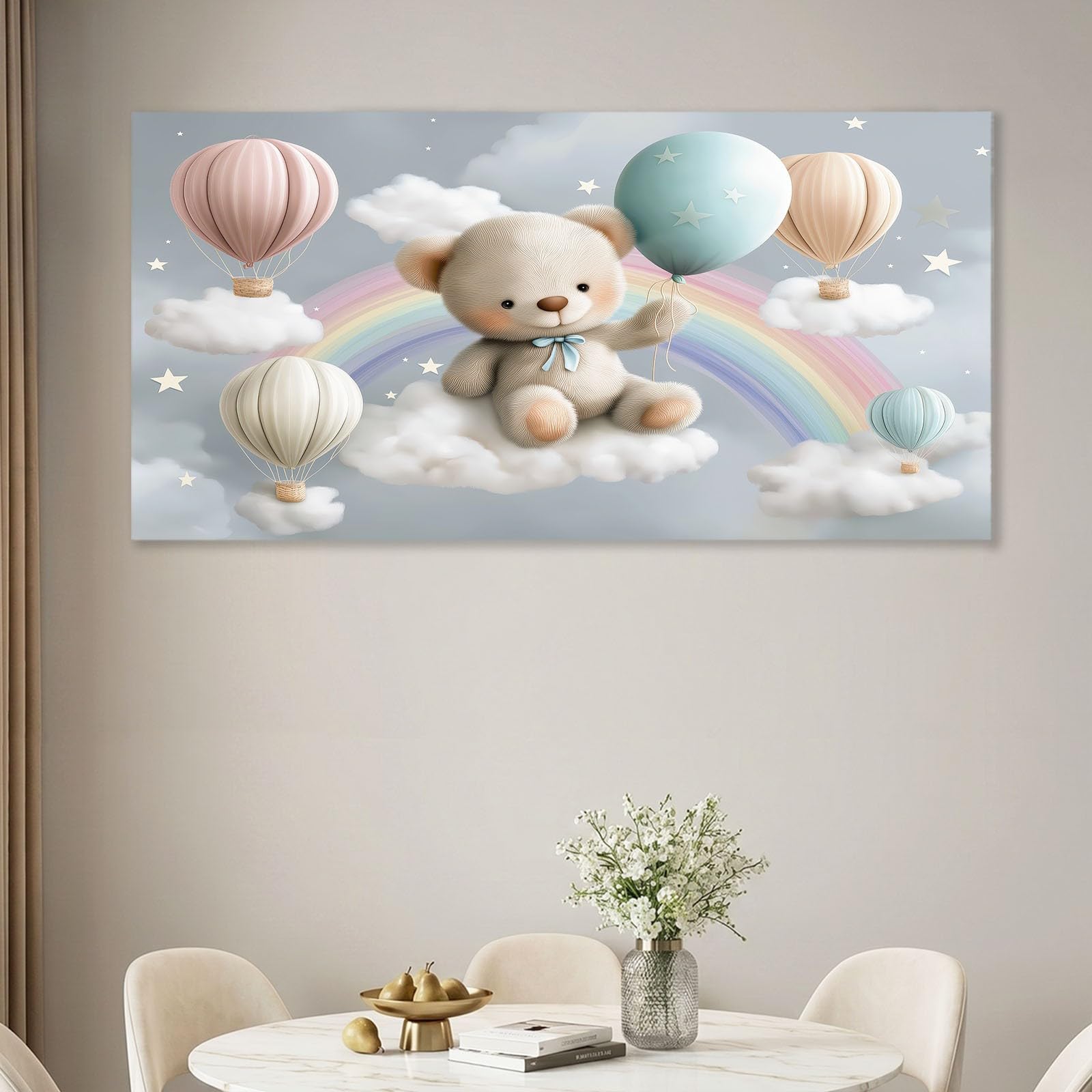 Leinwand Bilder Cartoon 90 x 60 cm Kinder Wandbilder Kunstdrucke, Grau Teddybär Luftballons Wolken - Panorama Wanddekoration für Wohnzimmer Schlafzimmer