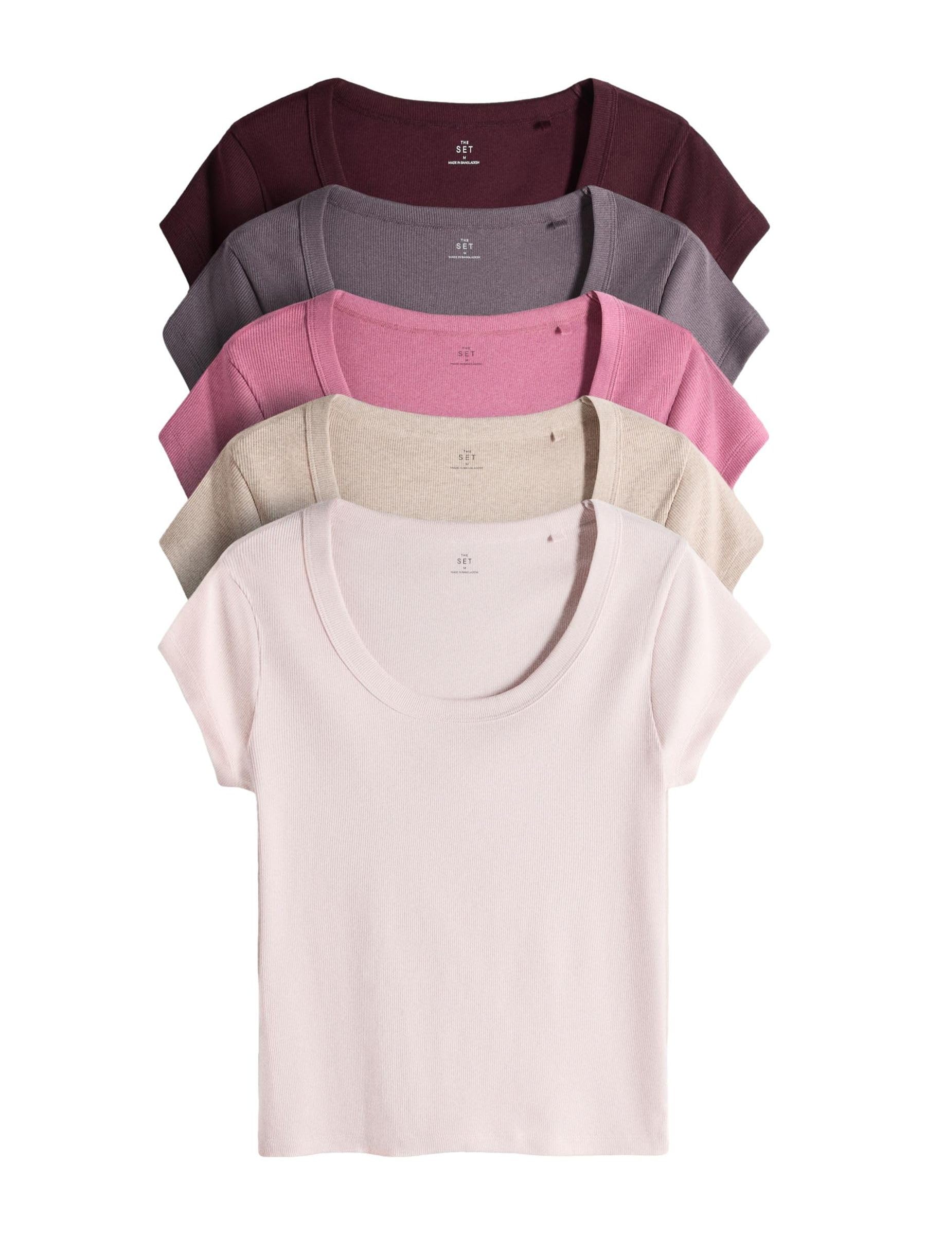 THE SET Damen Gerippte T-Shirts mit U-Ausschnitt und überschnittenen Schultern, 5er-Pack