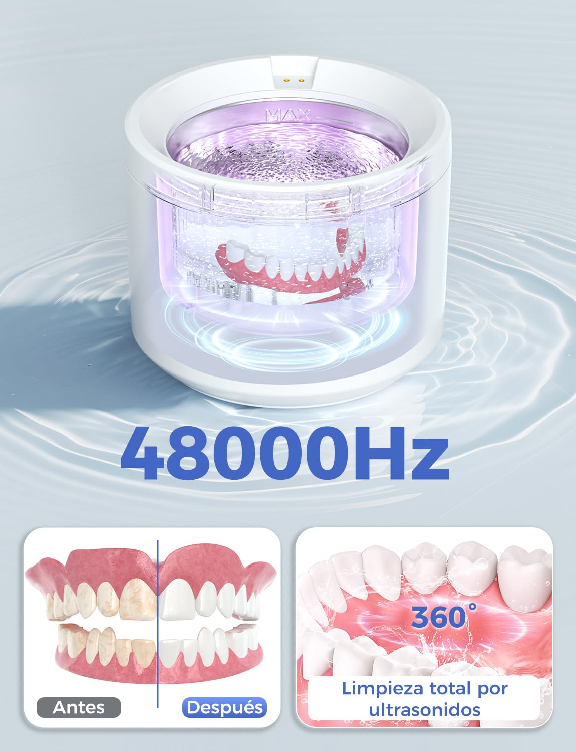 Limpiador Ultrasonidos Dental 48000Hz, Ultrasonic Cleaner 200ml para Lampara UV, para Limpieza Dentaduras/Ferula Dental/Retenedores/Aligner/Cabezas de Cepillos de Dientes/Joyas, Blanco