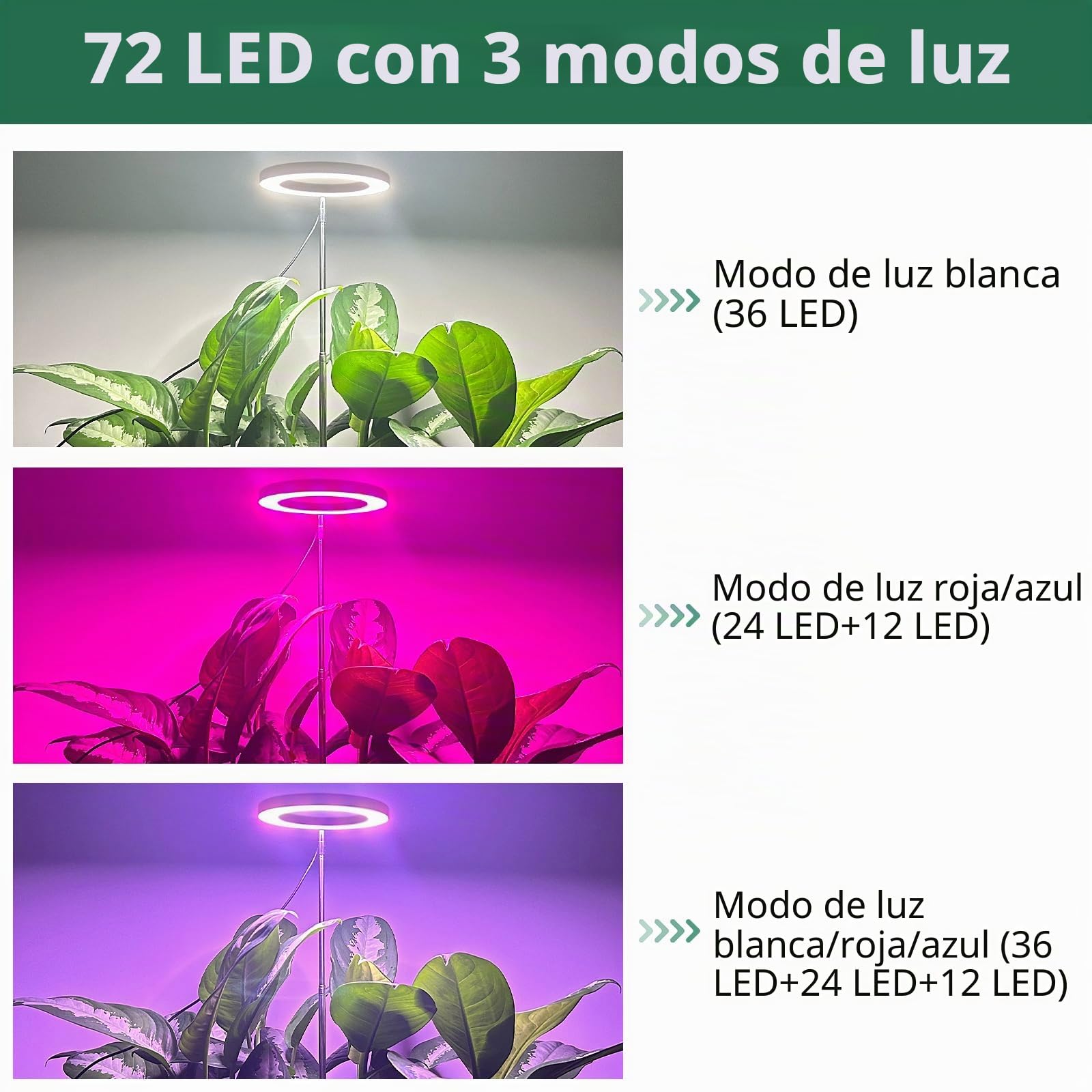 Lámpara LED de espectro completo para plantas de interior 155cm altura regulable, luz para plantas con 72 LED, 3 niveles de brillo regulable, temporizador de 3/9/12 horas para plantas de (Negro)