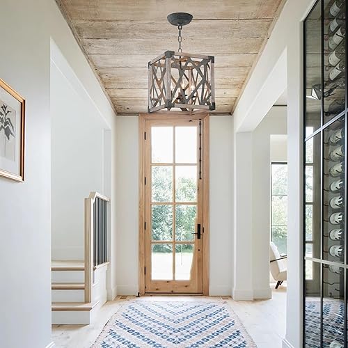 Miniatura 9 de 4 luces colgantes de metal negro de madera para isla de cocina, jaula cuadrada moderna de granja rústica para comedor, lámpara de araña rectangular