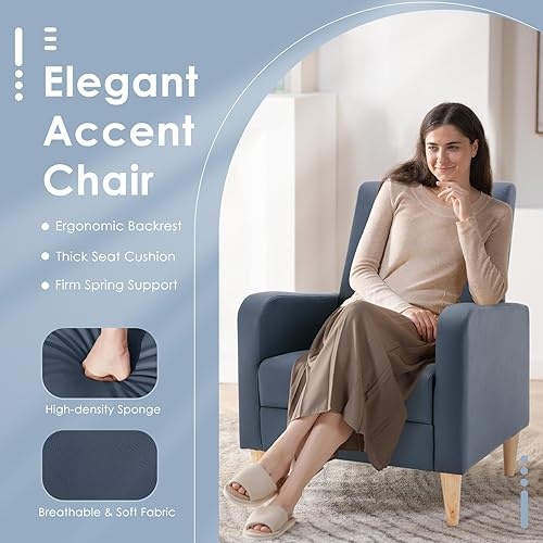Miniatura 60 de COLAMY - Sillón moderno con cojín para sala de estar, sofá individual y auxiliar para ocio y lectura, tapizado en tela con patas de madera, color