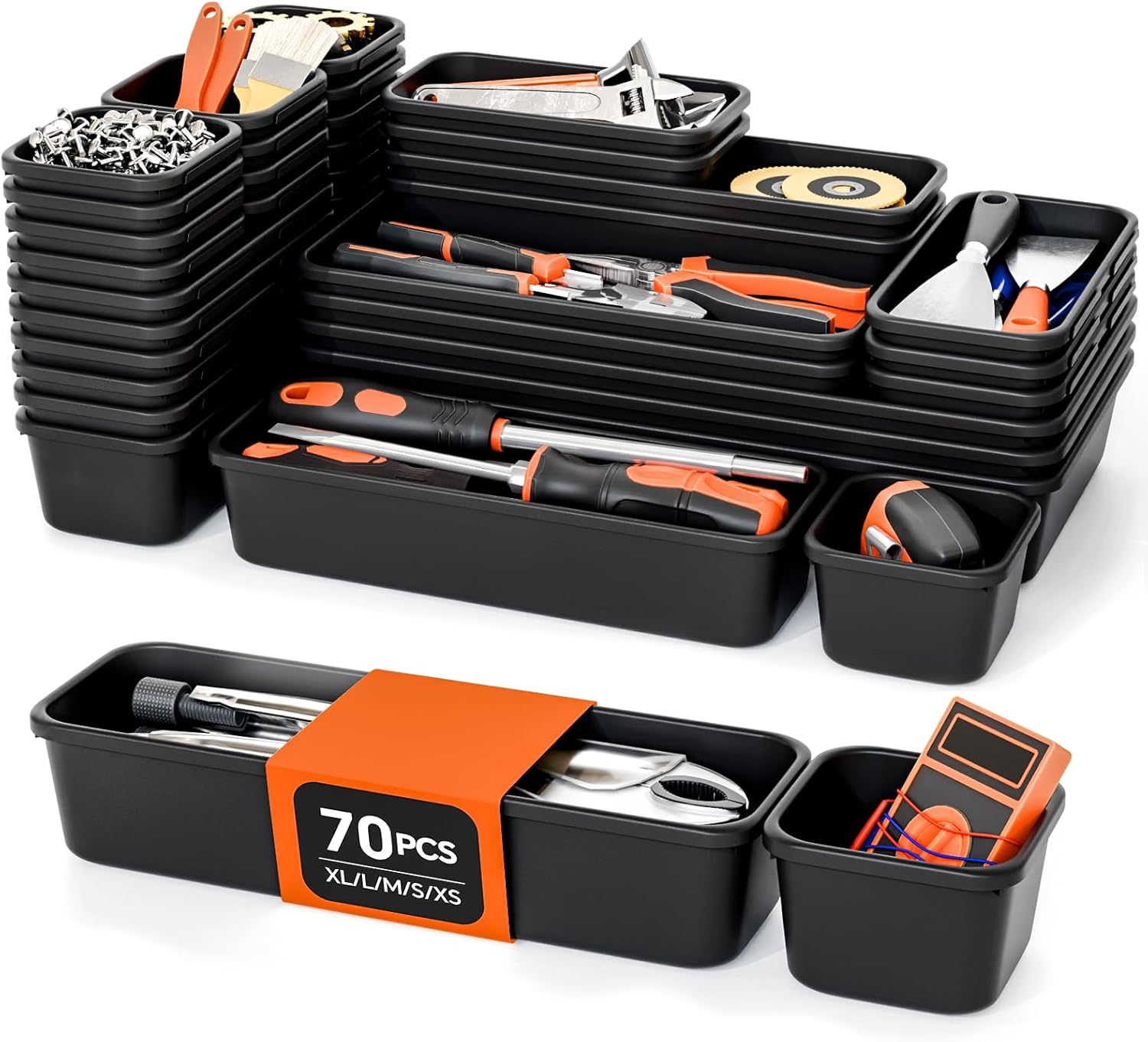 Product image of [5-Sizes] 70 Pack Tool Box Organizer Tray, Large 12'' Tools Box Organizers and Storage, for Hammer, Wrench, Screw, Small Parts Toolbox Organization, Tool Cart Chest Garage Drawer Organizer Tray, Black