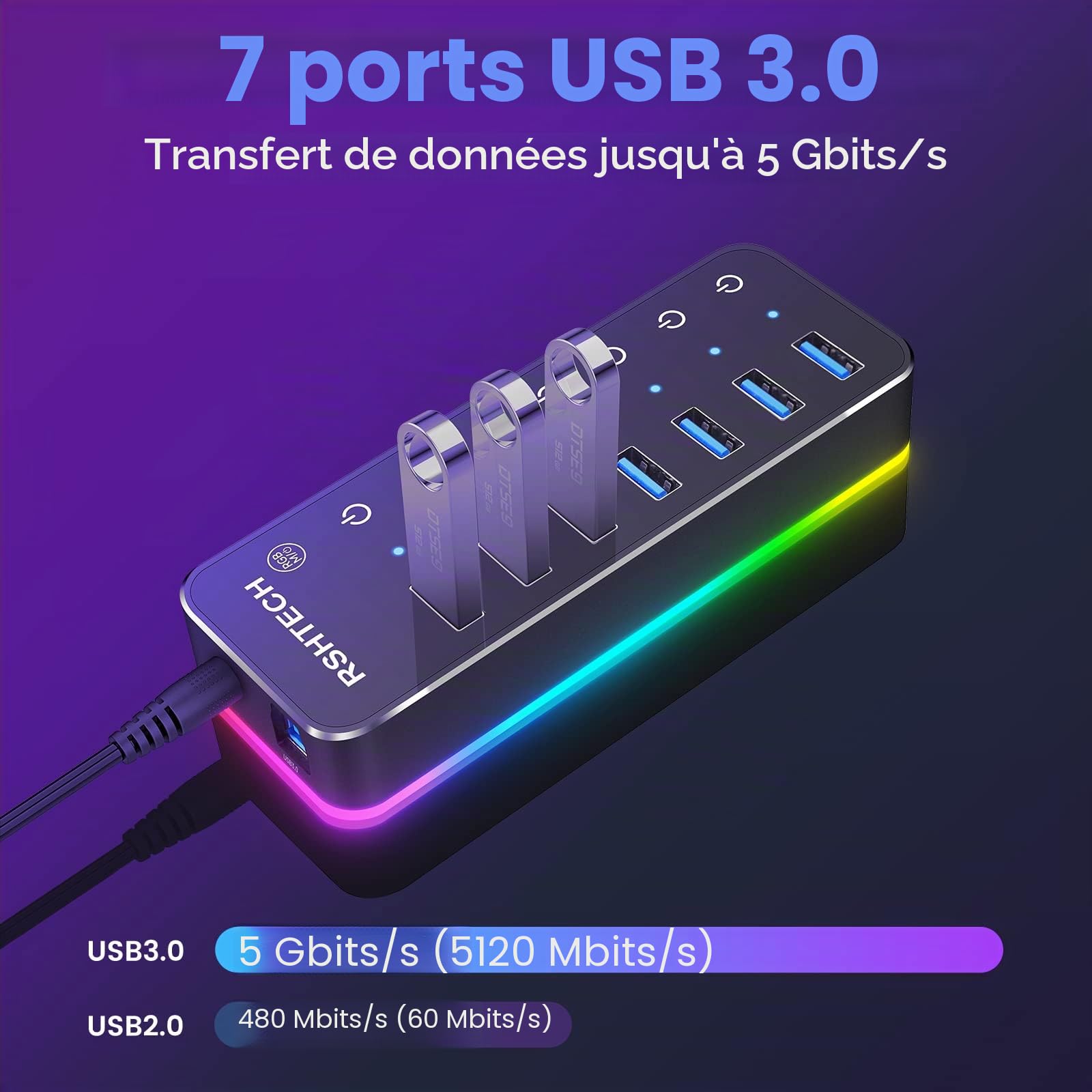 RSHTECH Hub USB Alimenté, Aluminum USB 3.0 Hub 7 Ports RGB, RSH-518R | 14 Modes d'éclairage RGB, Alimentation 5V/4A, Interrupteur Tactile et Câble de Données (Type A/C), Hub USB Gamer RGB