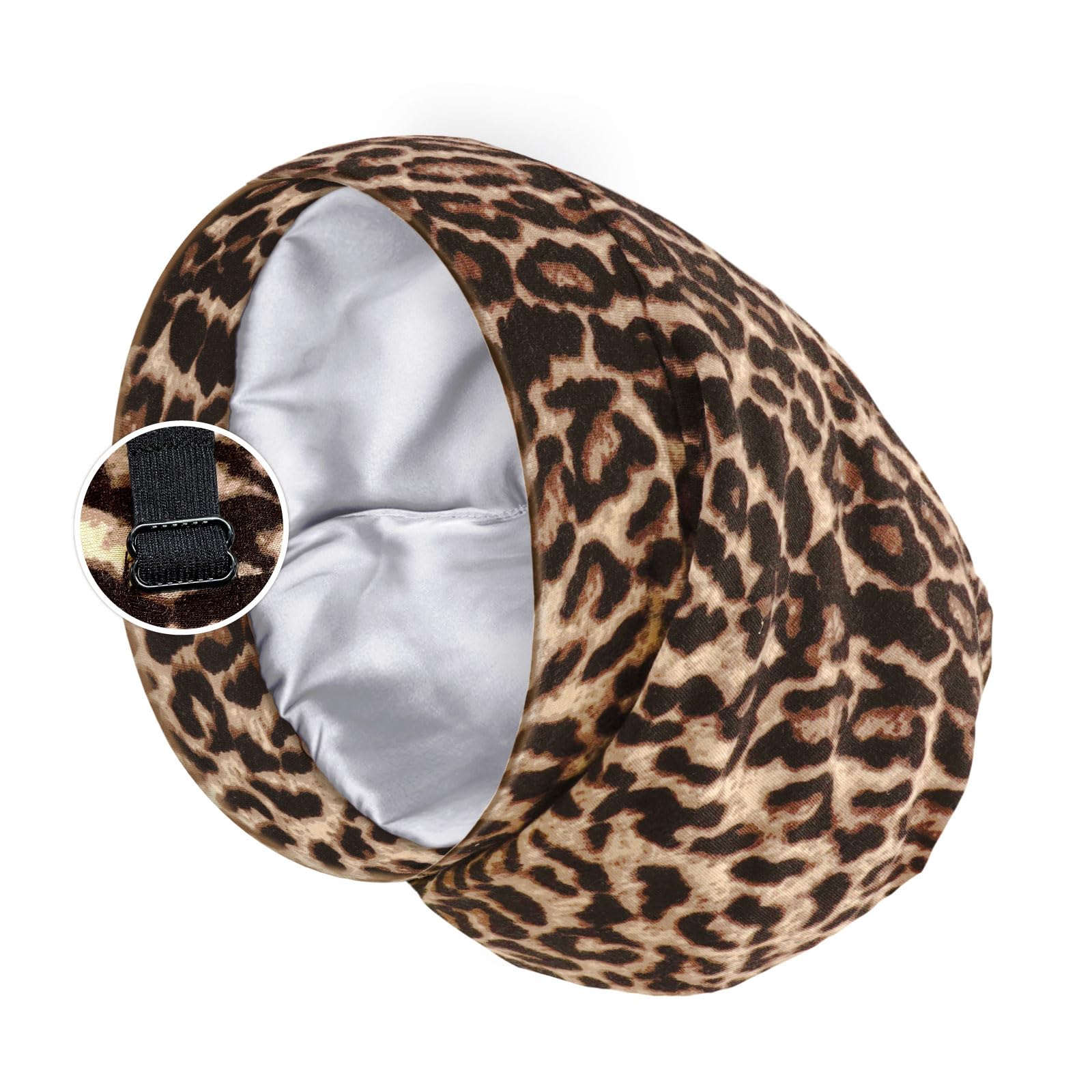 Satin Lined Sleep Cap Bonnet for Curly Hair and Braids, Stay On All Night Hair Wrap with Adjustable Strap for Women and Men, Brown Leopard, Pack of 1