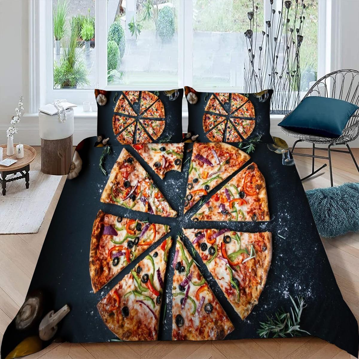 Zestaw pościeli z nadrukiem pizzy w rozmiarze Super King Size 3 szt. miękka poszewka na kołdrę z mikrofibry z 2 poszewkami na poduszki i zamkiem błyskawicznym 260 x 220 cm, można prać w pralce b. 2020