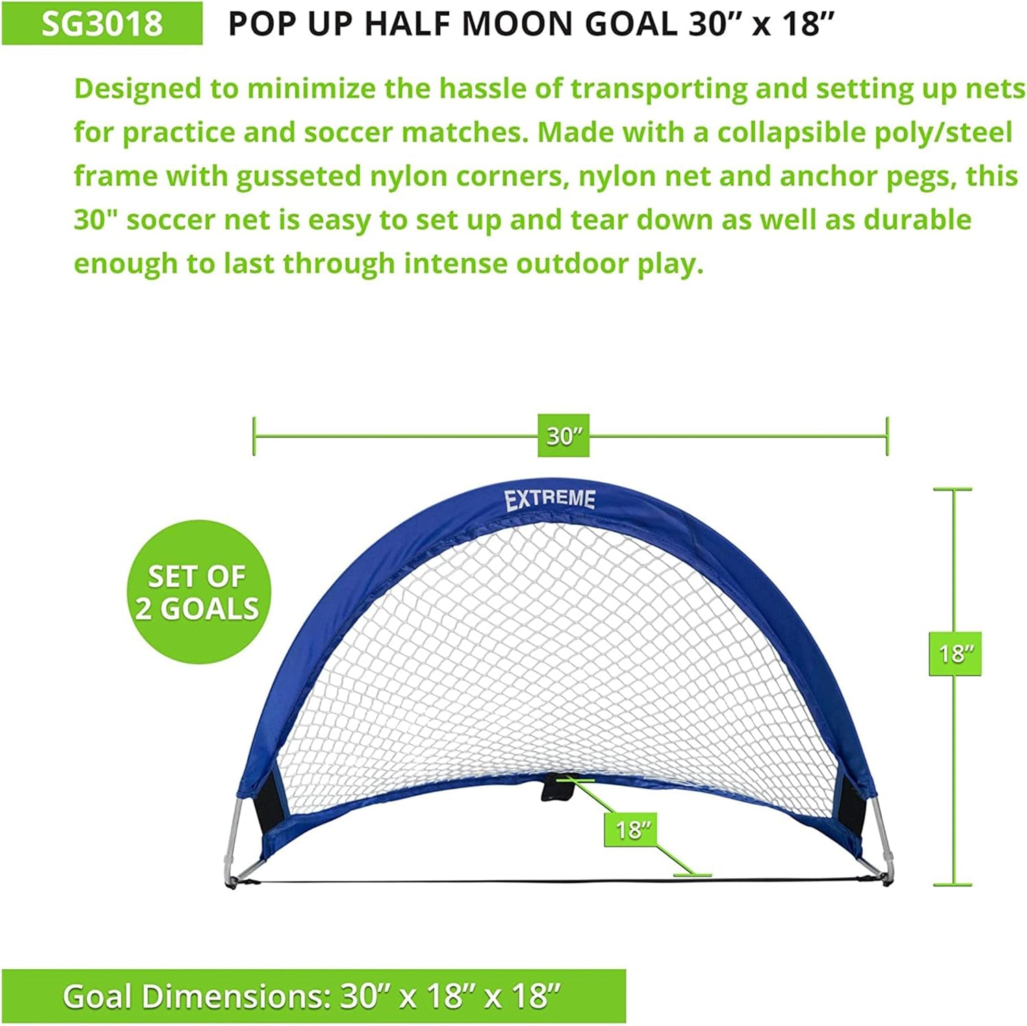 Champion Sports Extreme Pop-Up Soccer Goal with Carrying Bag, Portable Training Soccer Net with Anchoring Pegs, 1 Pair of Half Moon Mini Soccer Goals for Soccer Training - 30" x 18" x 18"