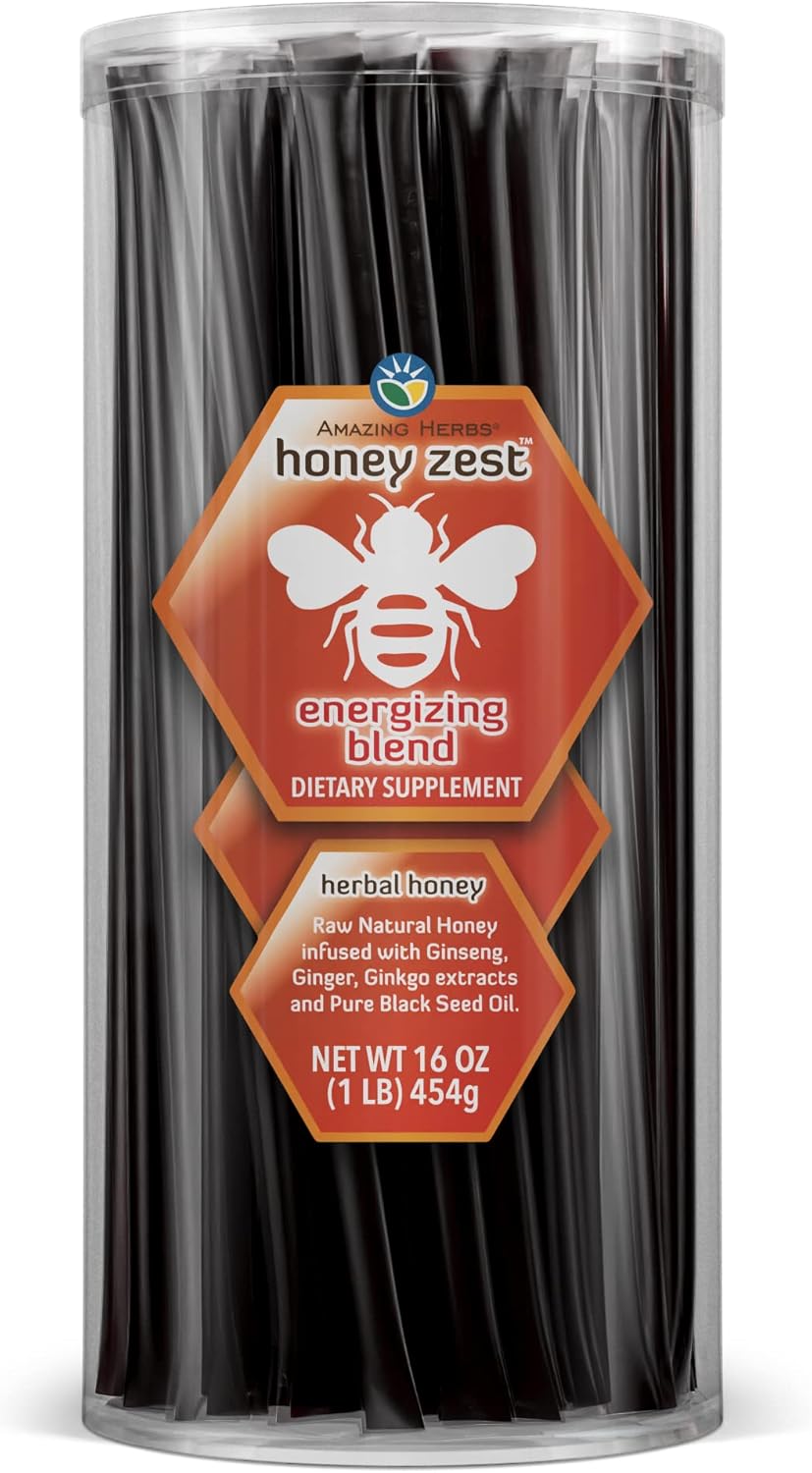 Amazing Herbs Raw Natural Honey - Herbal Honey Infused with Ginseng, Ginger, Ginkgo Extracts & Pure Black Seed Oil, Non GMO, Gluten Free Immune Booster - Honeyzest Energizing Straws, 100 Count