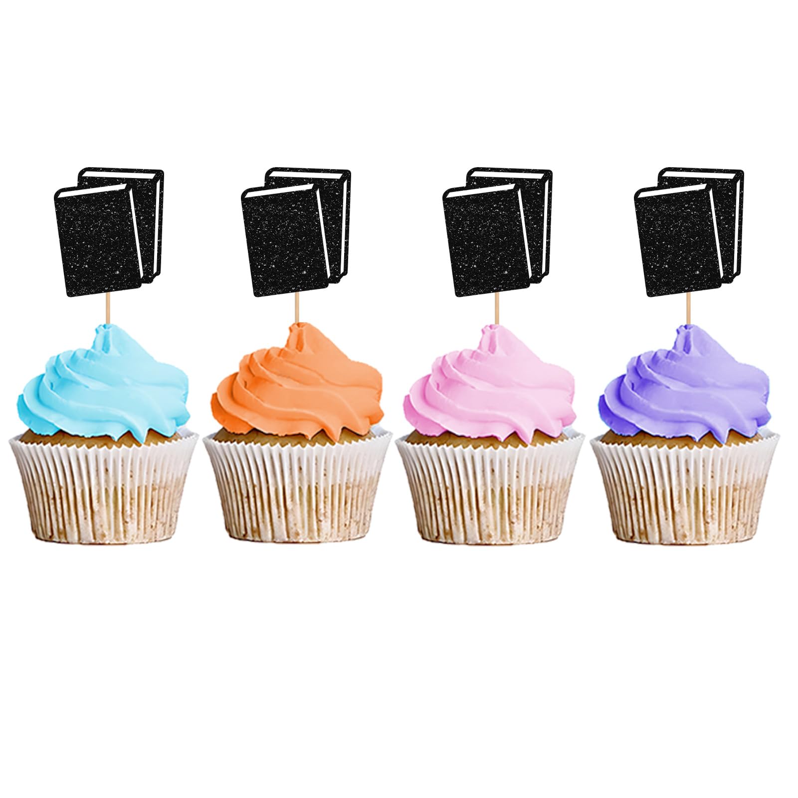 Photo 1 of 24PCS Books Cupcake Toppers, Study Cupcake Toppers, Book Cupcake Picks for Reading Party, Book Club Party Teacher Birthday Party Decoration - Black Glitter