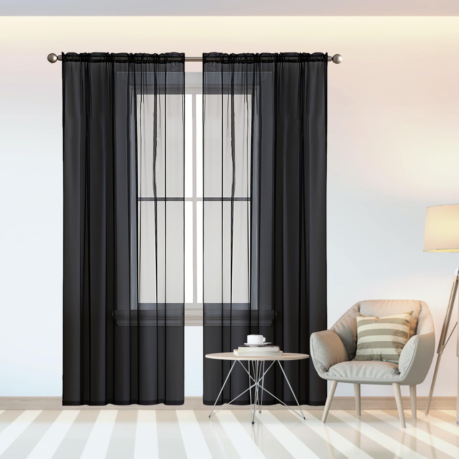 Voilages draperies pour porte fenetre et salon, lot de 2 rideaux voilages noirs