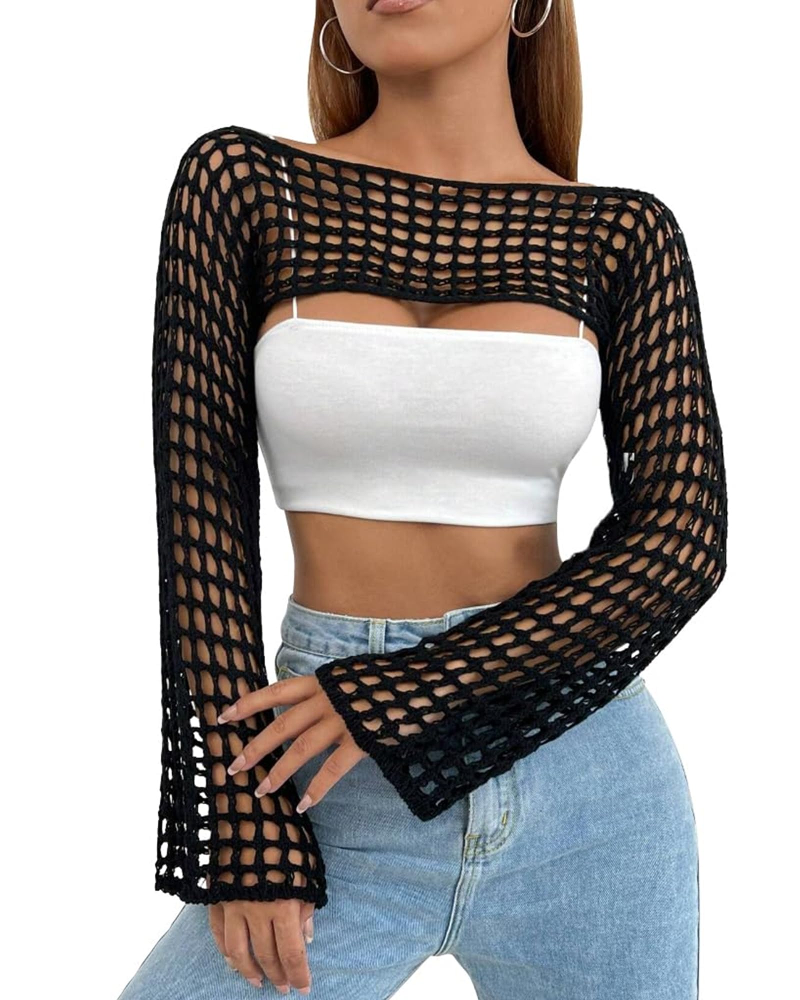 Womens Crochet Crop Tops Y2k Knit Shrug Sweater Hollow Out Long Sleeve Bikini See Through Cover Ups