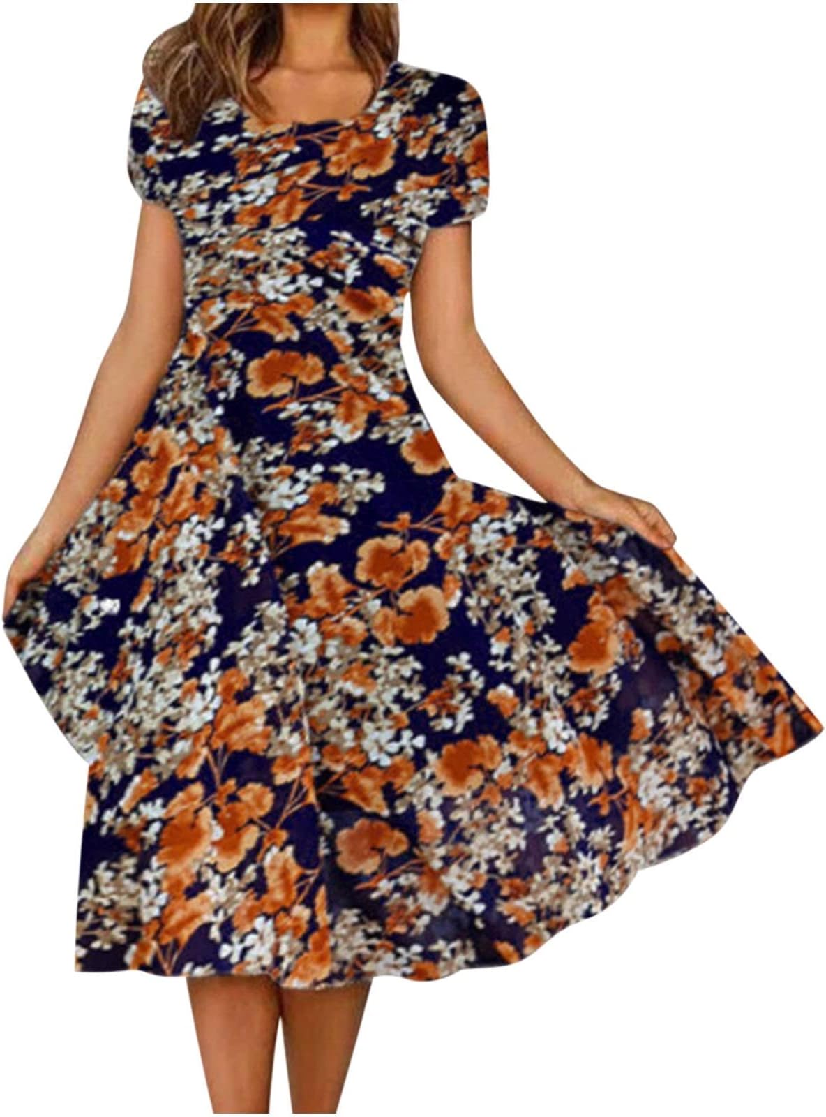 Summer Dresses for Women Short Sleeve Bohemian Floral Dress A Line Midi Dresses Boho Casual Loose O-Neck Elegant Beach Party Holiday Dress Swing Dress Beachwear Ladies Dresses Size 8-16