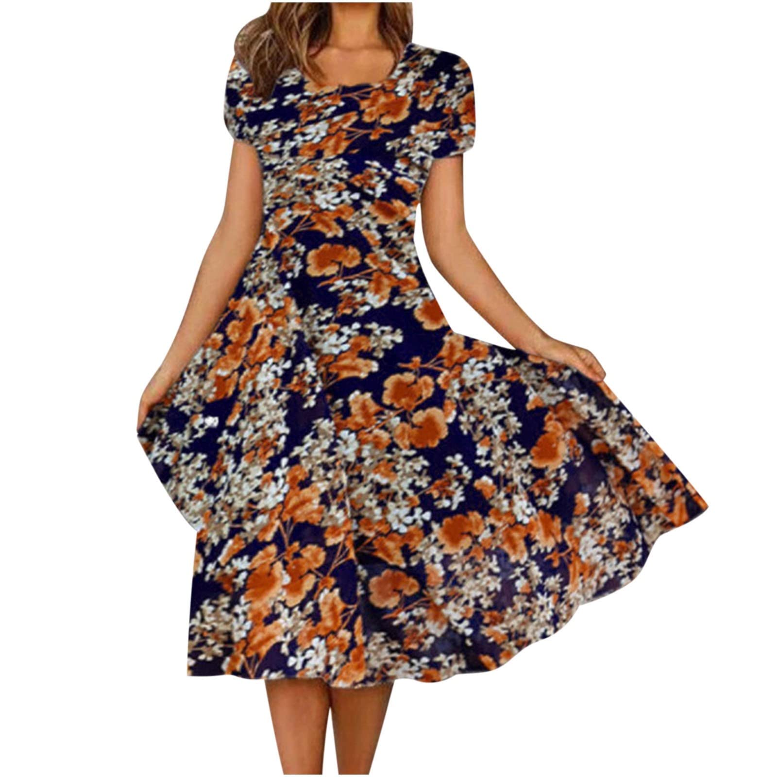 Summer Dresses for Women Short Sleeve Bohemian Floral Dress A Line Midi Dresses Boho Casual Loose O-Neck Elegant Beach Party Holiday Dress Swing Dress Beachwear Ladies Dresses Size 8-16