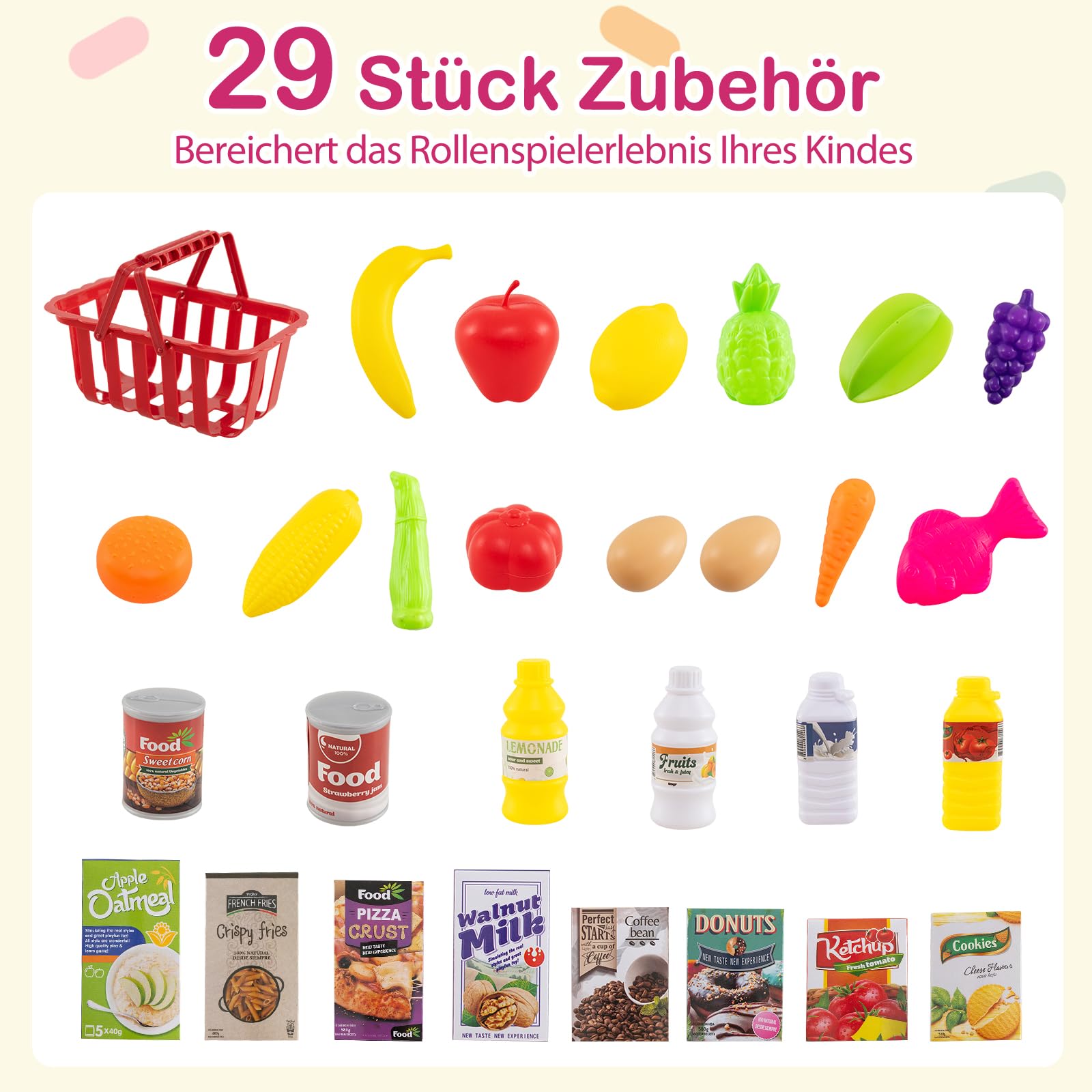 COSTWAY Kaufladen mit Einkaufswagen, Kinder Kaufmannsladen mit Waage, Regalen, Scanner mit Licht & Sound, Supermarkt inkl. Spiel-Lebensmittel & Zubehör, Einkaufsladen für Kinder ab 3 Jahren (Rosa)
