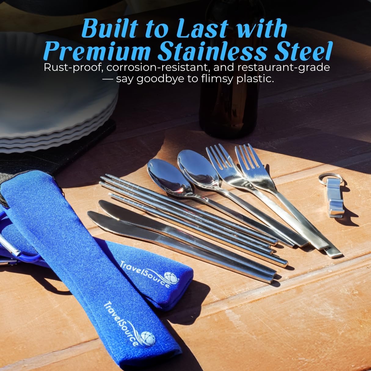 2 Pack - Portable Utensils With Case - 4 Person - Fork, Spoon, Knife, Chopsticks, Bottle Opener - Premium Silverware Set - Reusable Utensils For Lunch Box - With Hanging Strap image 2 of 8 B0753JYFB8