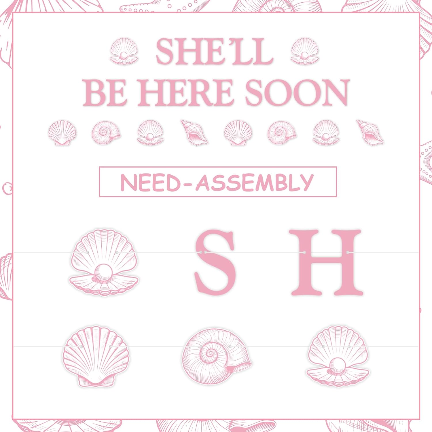 JOYMEMO Pink She'll Be Here Soon Banner with Seashell Banner - Seashell Baby Shower Party Decorations, Under the Sea Ocean Themed Decorations for Pregnancy Celebration Newborn Party