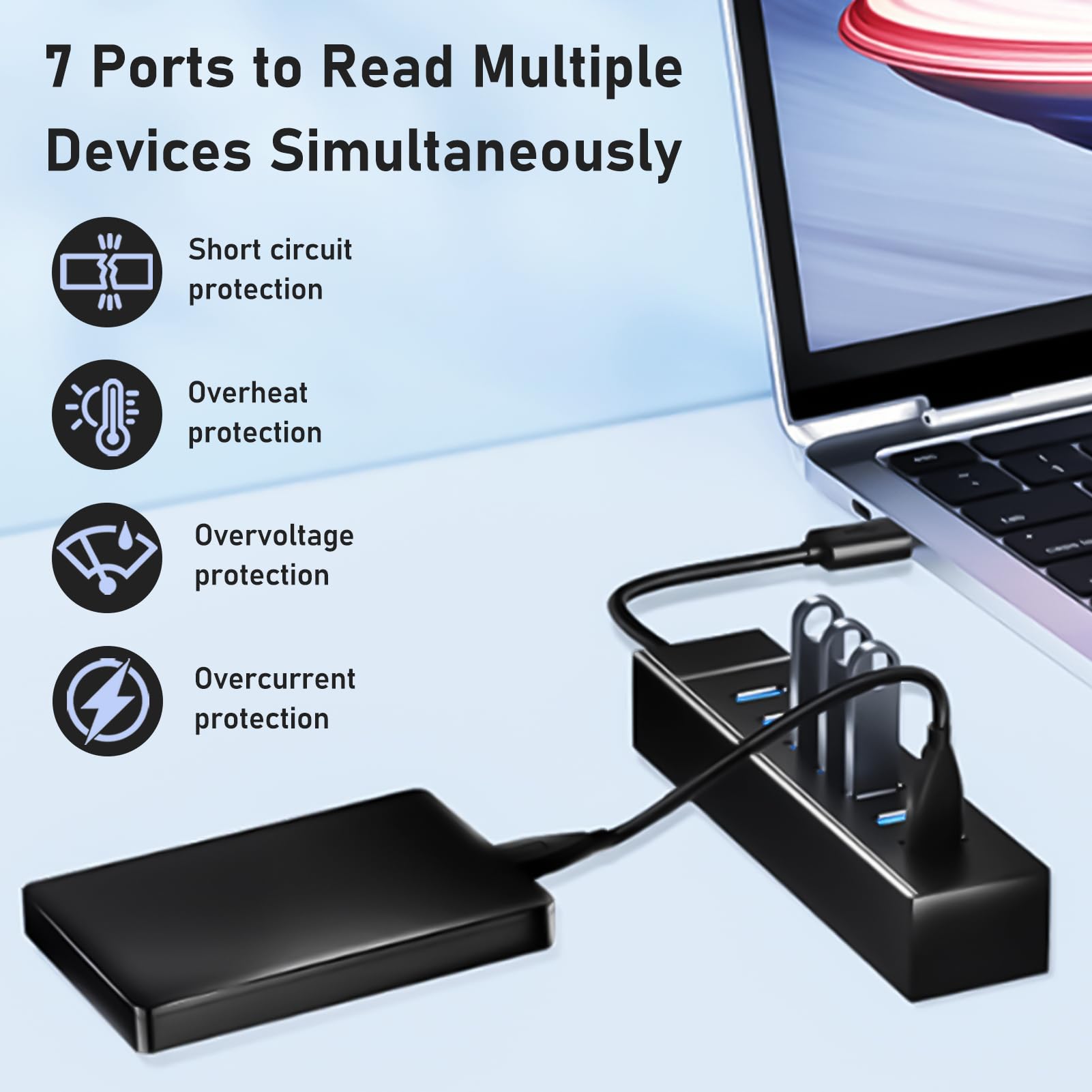 Hub 7 portów USB 3.0, rozdzielacz 5 Gbps z kablem 100 cm, super Speed Hub, adapter multiportowy, kompatybilny z laptopami, drukarką, myszką, klawiaturą, Xbox, PS4, napędem flash, adapterem OTG