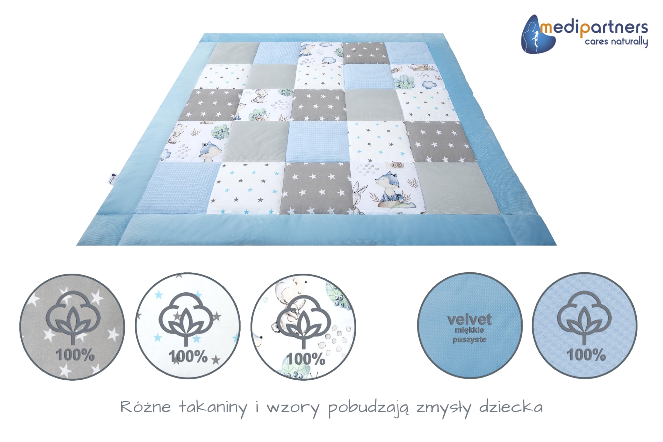 Medi Partners Koc do raczkowania Mata do zabaw 100% bawełna 120x120cm Wielofunkcyjny Gruby Miękki dla niemowląt