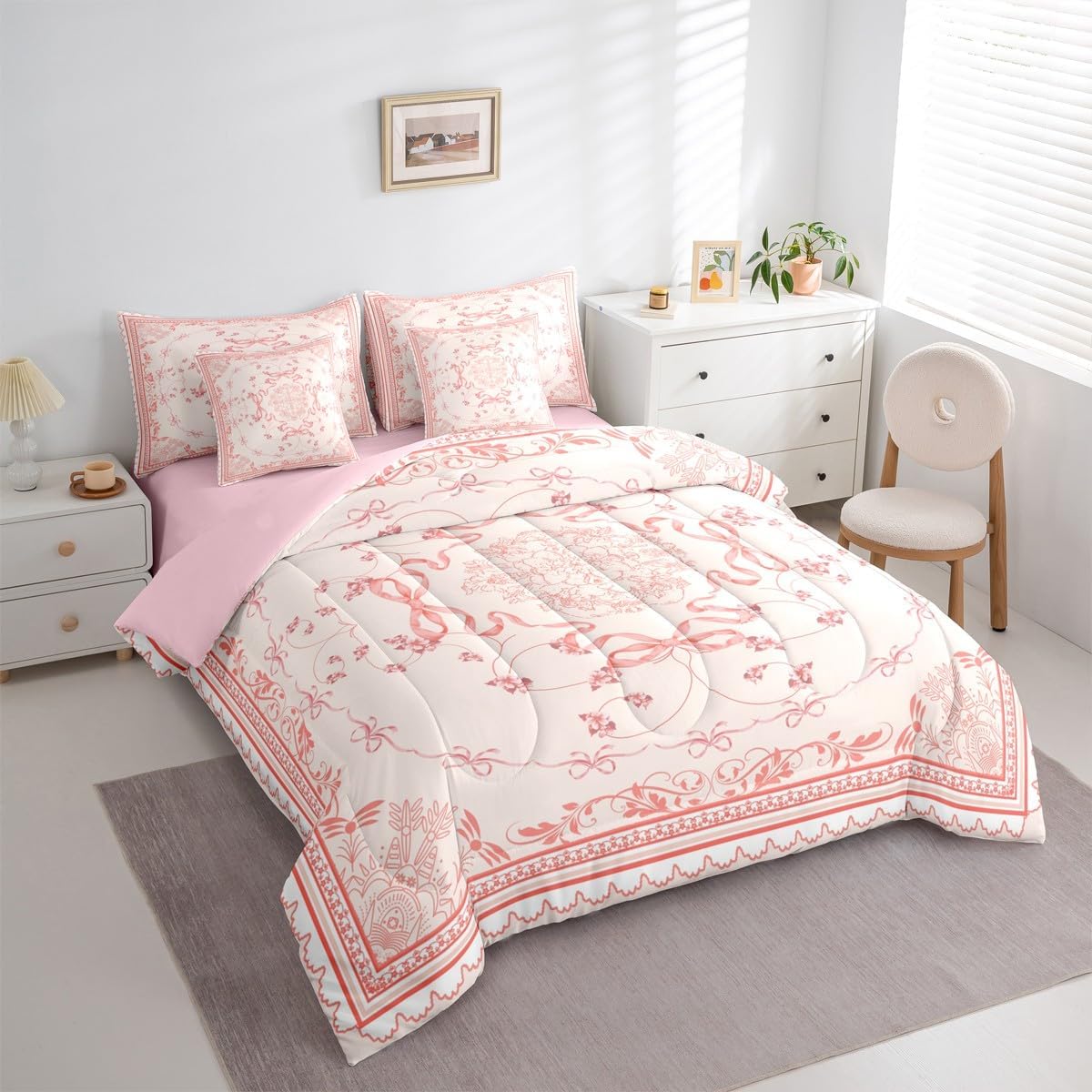 Erosebridal Coquette Bows 7 Pcs Comforter Set Queen Girls Aesthetic Bow Tie Bedding Sets | Vintage Cottage Core Sheet Set with Comforter Red Bohemian Bowknot Floral Tribal Quilt Farmhouse Room Decor