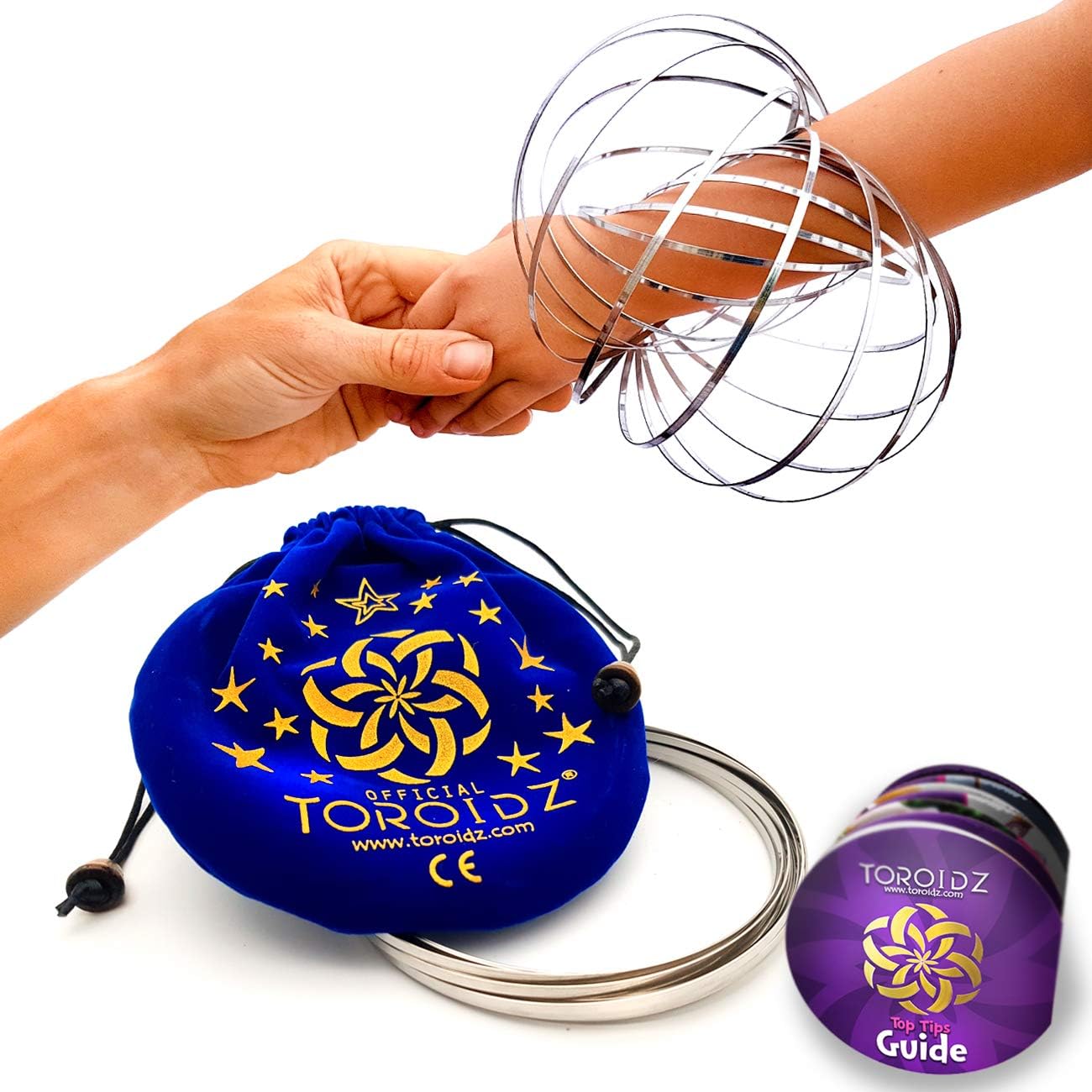 Toroidz ® Flow Rings w/Blue Velvet Bag - Amazing Magic Science Toy - 3D ARM SPRING - Interactive Museum, Circus, Anti Stress, Stocking - All Ages (Silver)
