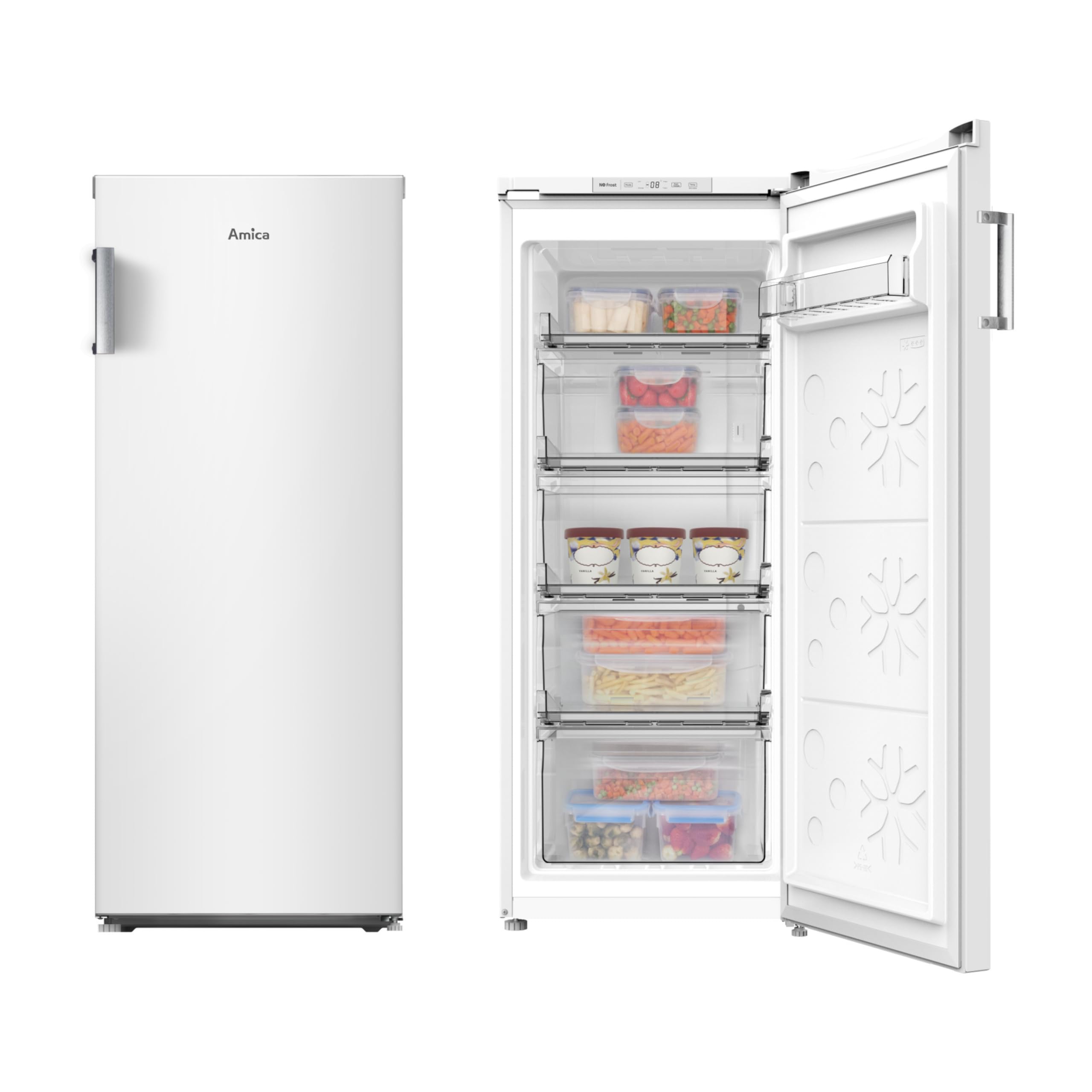 Amica Gefrierschrank 122 L 115,5 x 47,5 x 60,5 cm NoFrost GSN 321 105 W | 1 Pizzaschublade, Türablage, Inverter Kompressor, Supergefrierfunktion, 4 Gefrierschubladen, LED-Beleuchtung, Leiser Betrieb