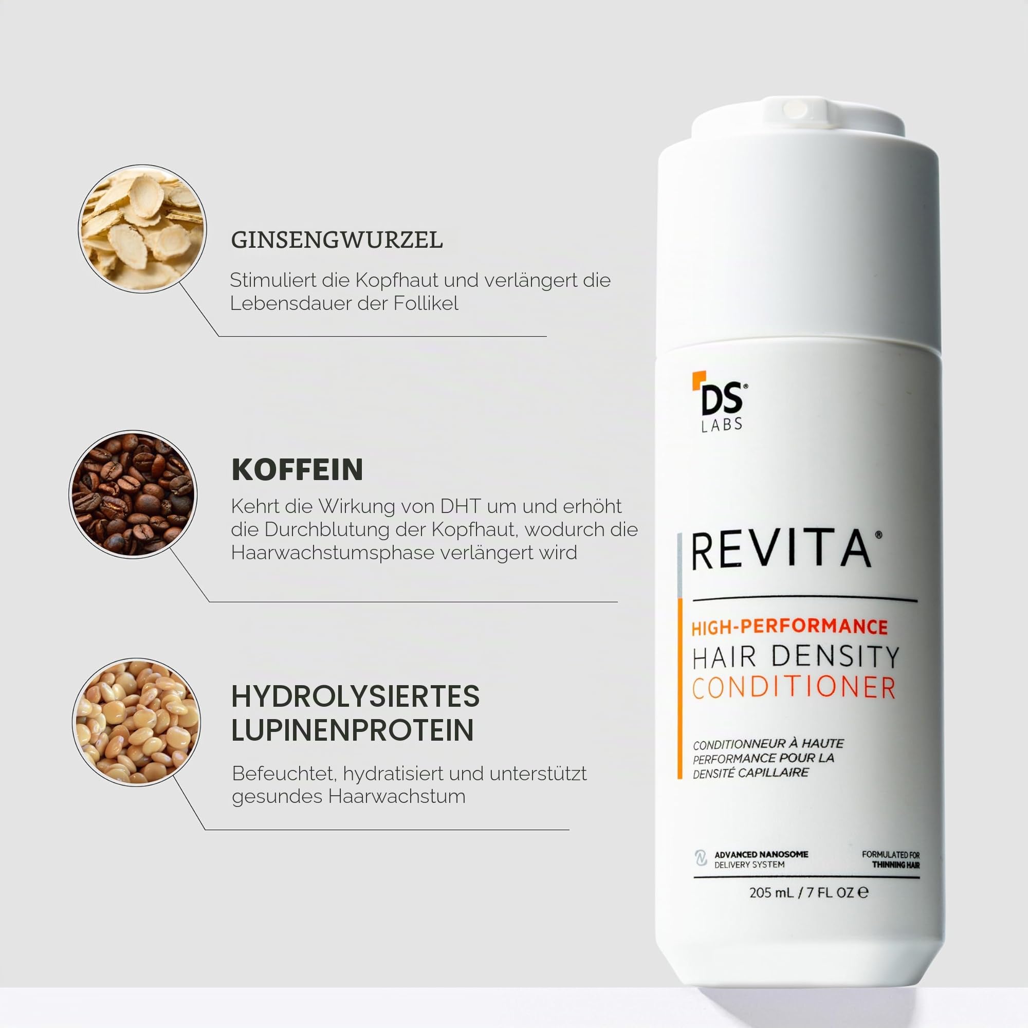 Revita Shampoo und Spülung für dünner werdendes Haar, unterstützt das Wachstum, stärkt und verdickt das Haar, sulfatfrei, DHT-Blocker, 205 ml
