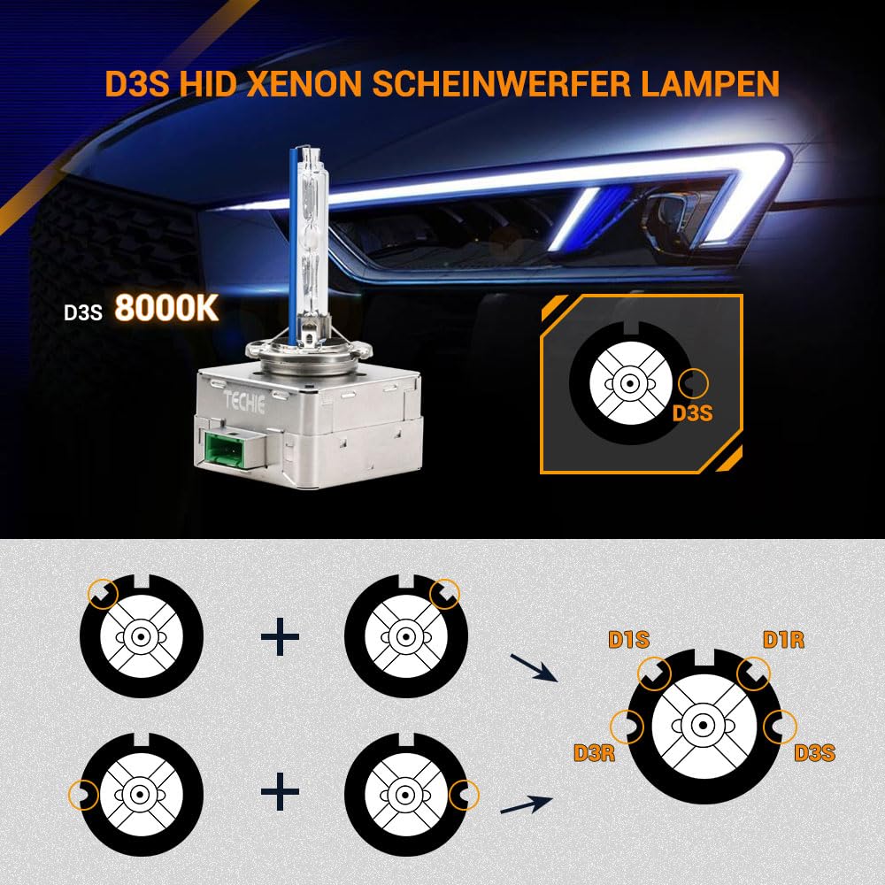 Techie D3S Xenon Brenner 8000k, 12V 35W Xenon Auto Scheinwerferlampe, Kaltblau Aluminium Fahrzeugscheinwerferbirne, HID Entladungs Lampe Ersatz Kit– 2 Stück (D3S-8000K)