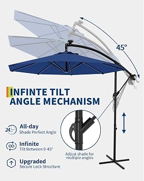 10FT Cantilever Patio Umbrella with Cross Base, Outdoor Offset Market Umbrella with 360-degree Rotation and Infinite Tilt, Outside Umbrellas for Backyard Lawn Garden and Pool (Navy Blue)