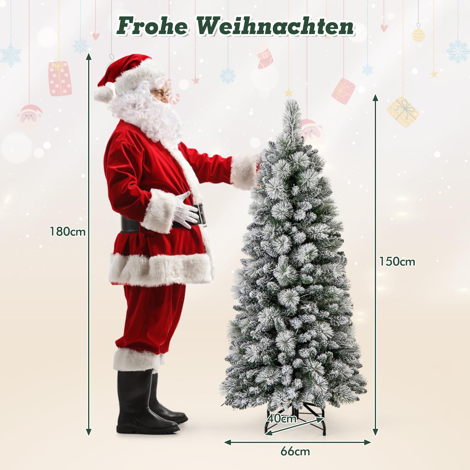 COSTWAY Kunstkerstboom met verlichting, 150 cm, pop-up dennenboom met 130 warmwitte ledlampen en 378 takuiteinden, gevlokte kerstboom, kunstboom voor thuis, bedrijf en kantoor