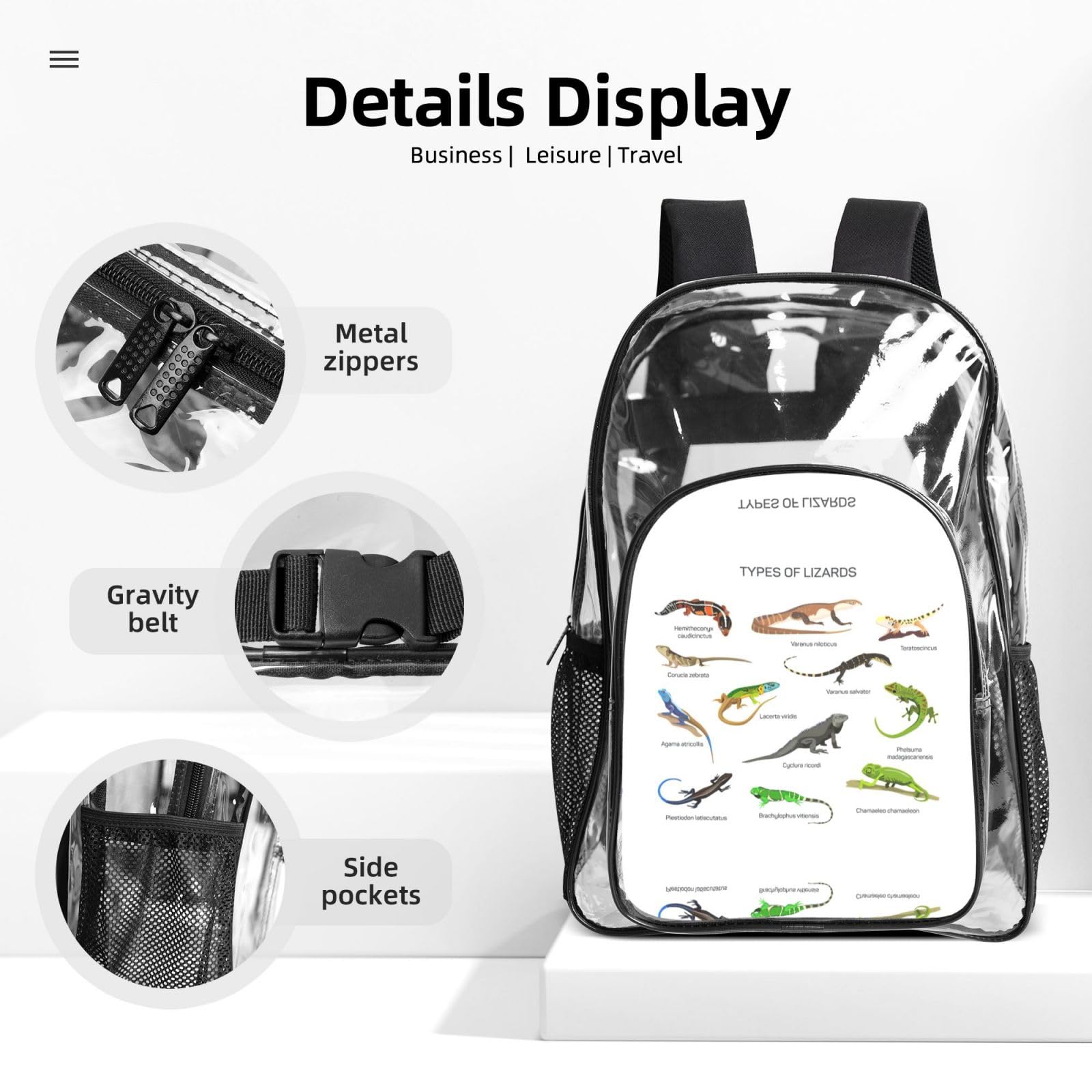 Diversi tipi di zaino stampato lucertola Set 3 in 1 borsa trasparente per eventi scolastici e lavoro stadio e trasporto quotidiano
