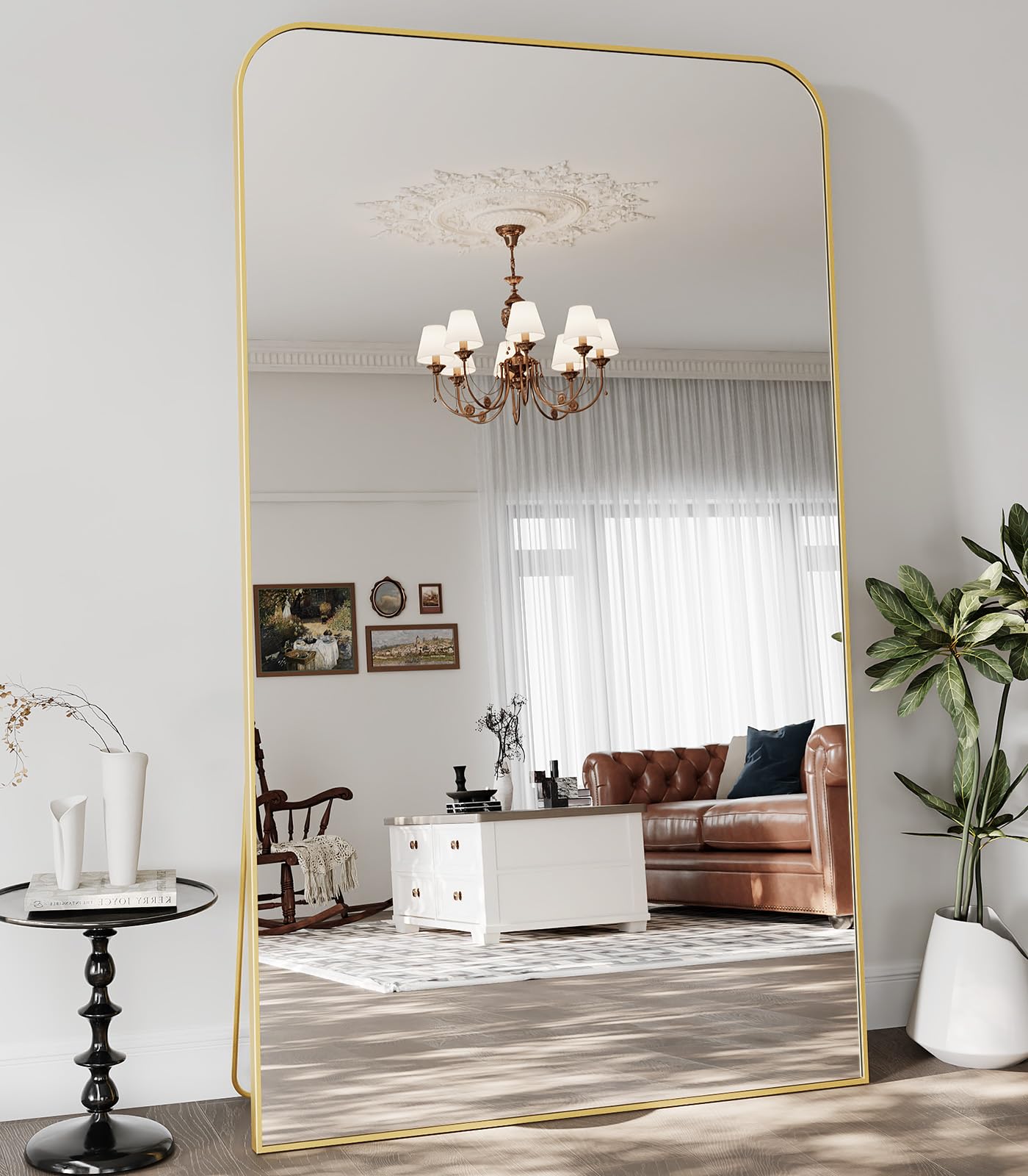 Koonmi Full Length Mirror, 81"x41" Mirror Full Length with Stand, Gold Domed Top Square-Edged Floor Mirror with Aluminum Alloy Frame for Bedroom Living Room