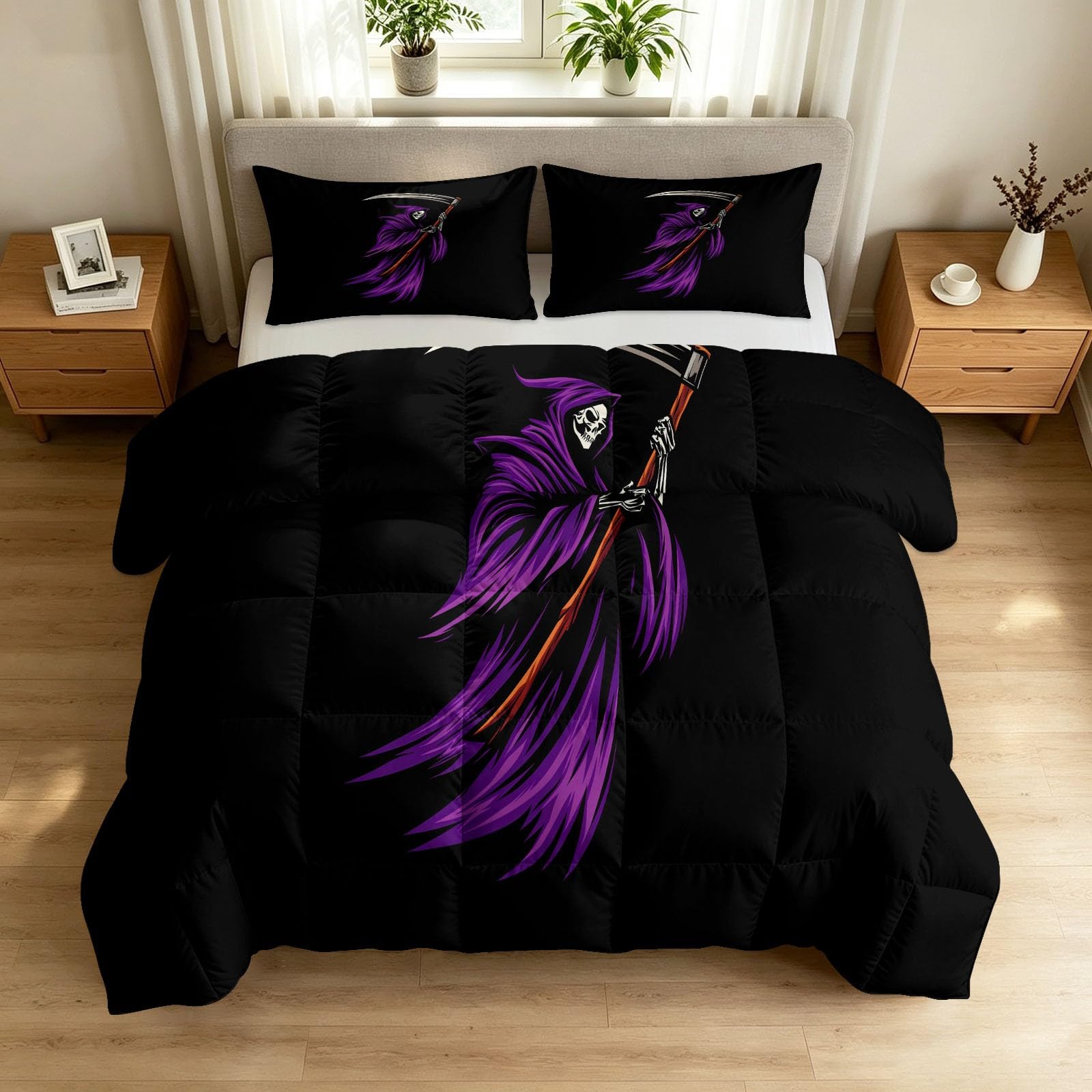 Edredón gótico lavable de 4 estaciones color negro con 2 fundas de almohada calaveras