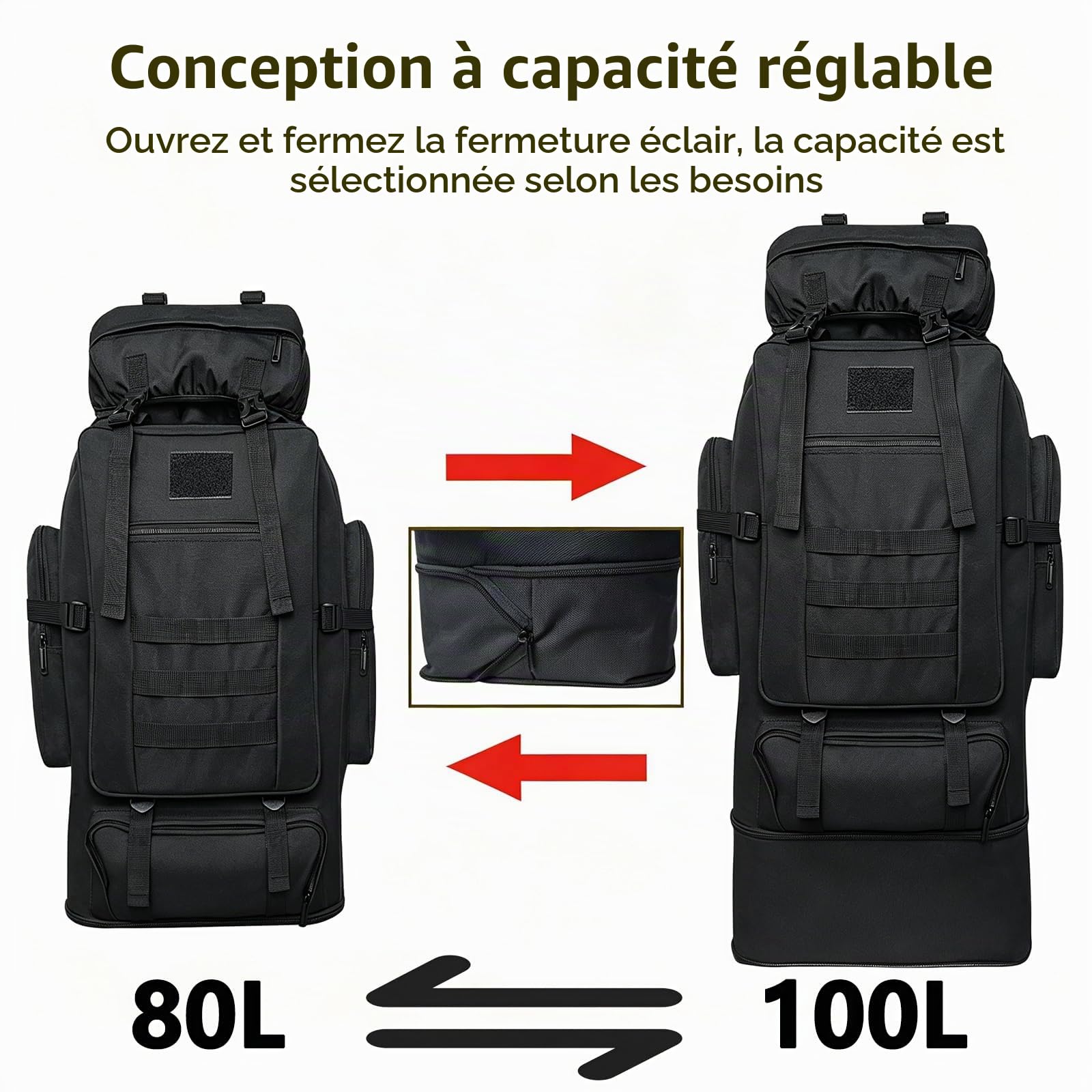 80L Randonnée Camping Sac À Dos Voyage MOLLE Sac À Dos, Sacs À Dos Tactiques Militaires, Épaissie Réglable Imperméable À L'eau De Grande Capacité Sac À Dos Extérieur