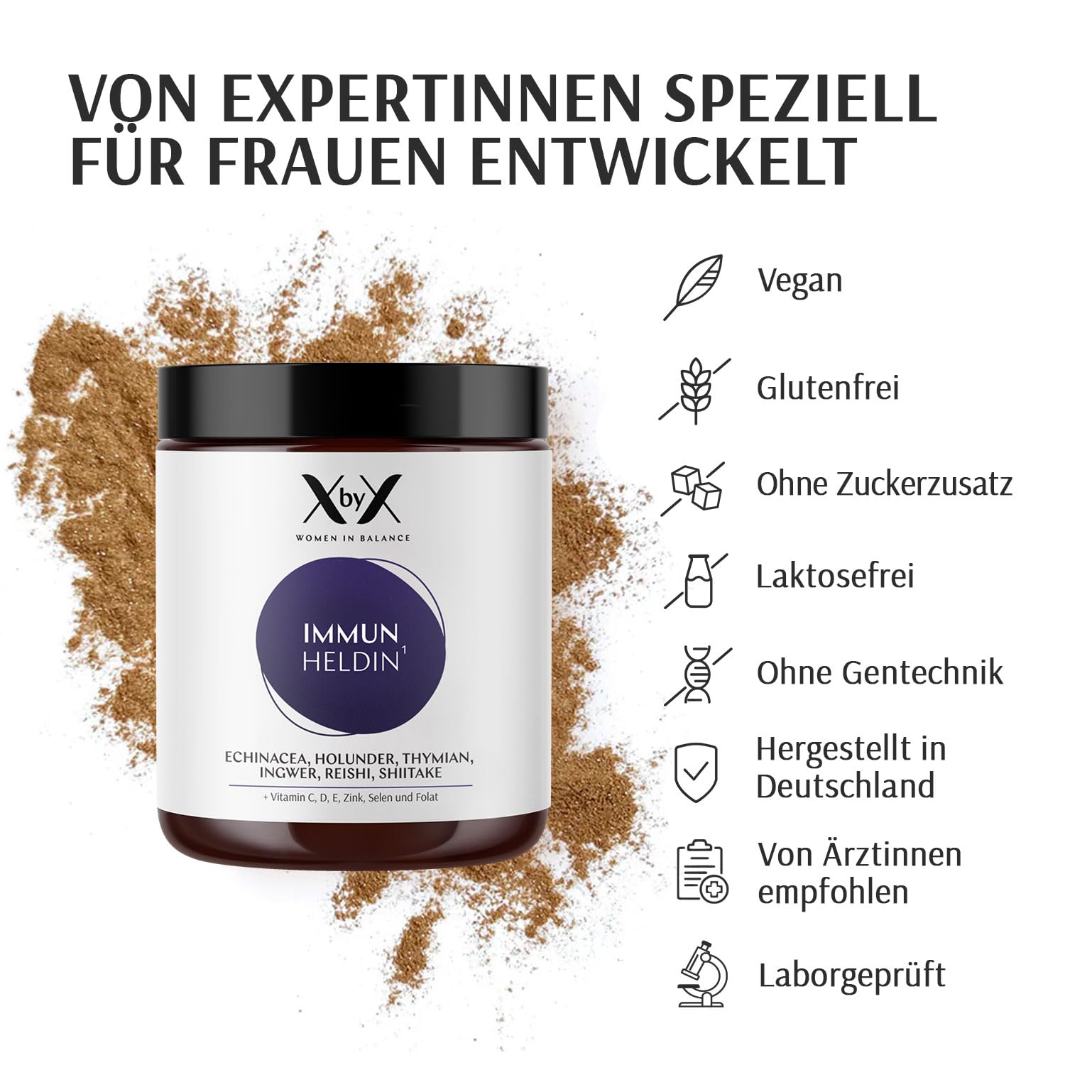 XbyX Immun Heldin 70 g | Multivitamin Immun-Komplex | Vitamin C D E | Zink & Selen | Reishi Shiitake Pilze | Immunsystem stärken | Echinacea Ingwer & Thymian Extrakt | Holunderbeeren Geschmack | Vegan