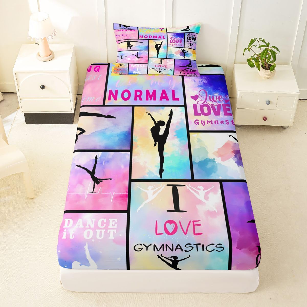 Erosebridal Gymnastics Bedding Set for Girls Women, Rainbow Tie Dye Bed Sheets Twin Size Gymnast Dancers Fitted Sheet Geometric Checkered Patchwork Bedding Decor Set with 1 Pillow Case, Pink Purple-image-36