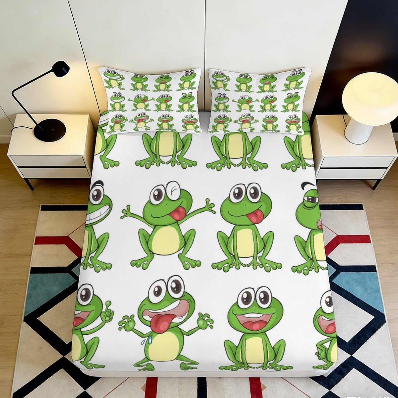 3D Printed Cartoon Frog Fitted Sheet Microfiber Deep Pocket Non-Slip Frog Mattress Fitted Cover Bedroom Bedding for Adults Teens 160x200x25cm
