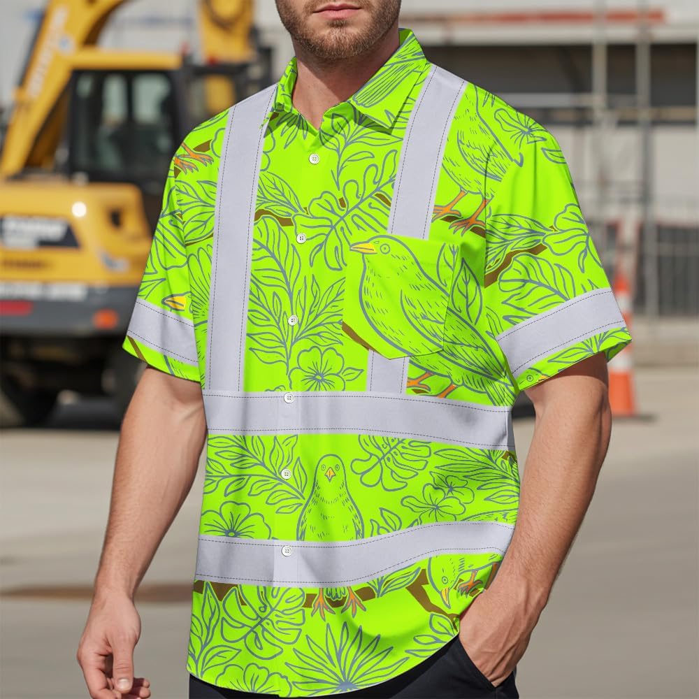 High Visibility Hawaiian Shirt for Men Tropical Shirts Custom Name Floral Outfit Reflective Safety Workwear - Image 2