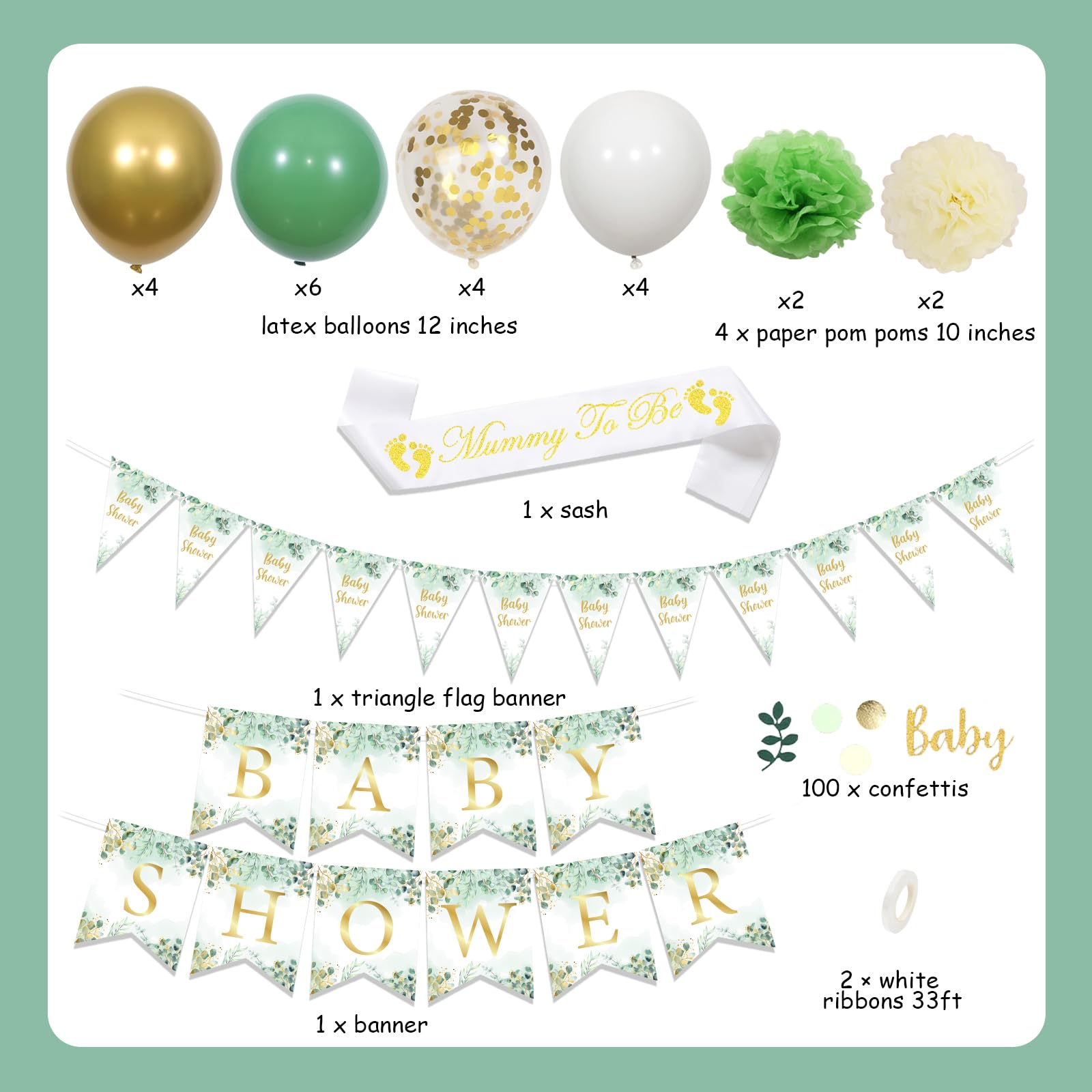 Kit Decorazioni Baby Shower Verde Salvia Con Oro - Striscione, Fiori E Coriandoli Riutilizzabili - Foto 7