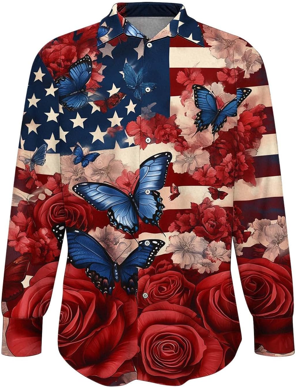 Women's Independence Day Shirt American Flag Floral Print Shirts 4th of July Patriotic Tops Satin Button Down Blouse