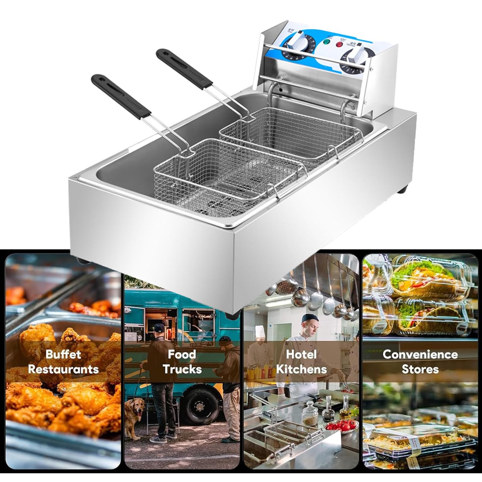 Freidora EléCtrica Comercial Tanques 10/20l Freidora De Aceite De Acero Inoxidable con Cestas para FreíR Tapas Temperatura Ajustable 50-200 Gradosc para Aros De Cebolla Pollo Papas Fritas