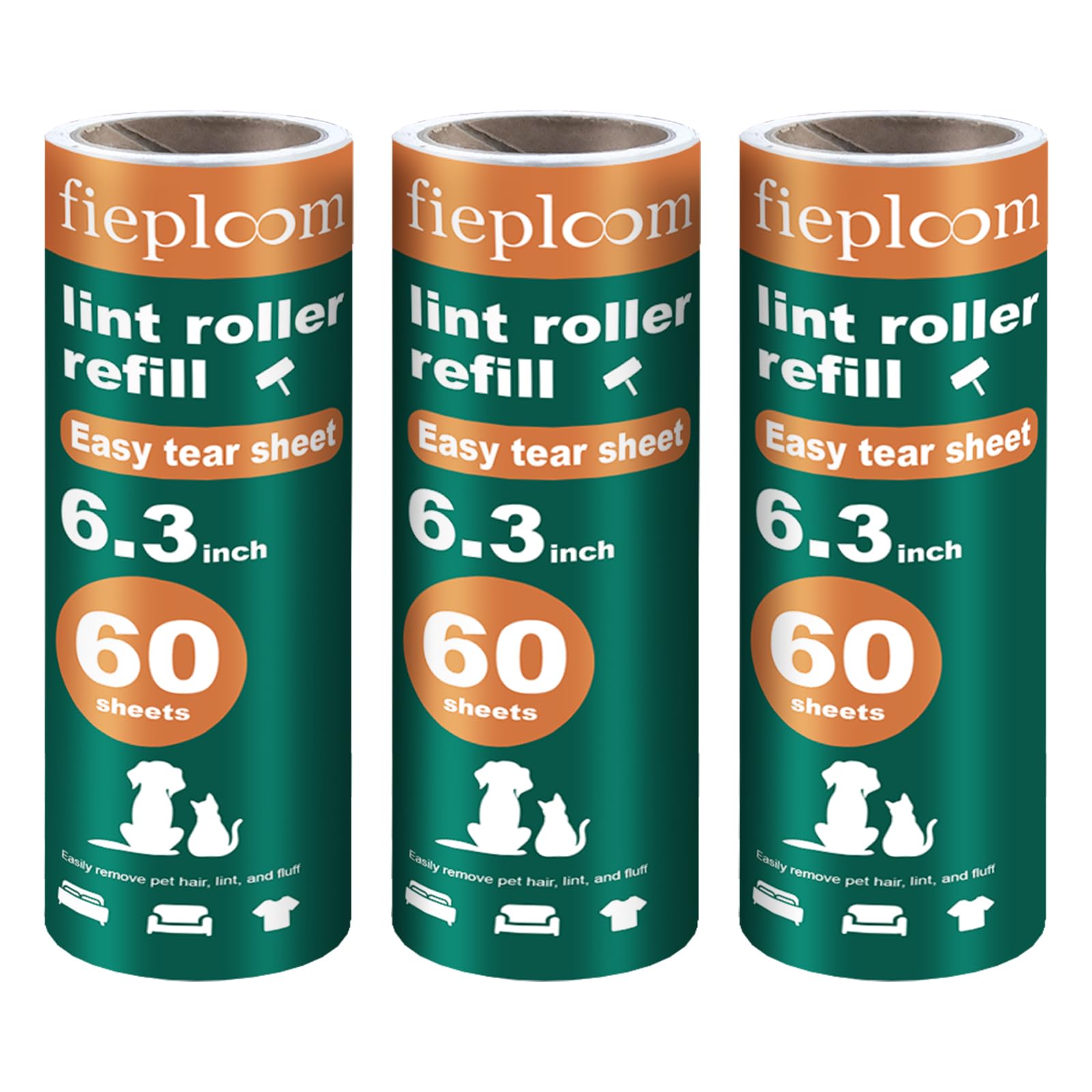 Fieploom Extra Sticky Lint Roller Refills with Easy-Peel Visible Tear Lines, 6.3 Inch Wide for Pet Hair Removal on Furniture Carpet Floors Clothes, 3