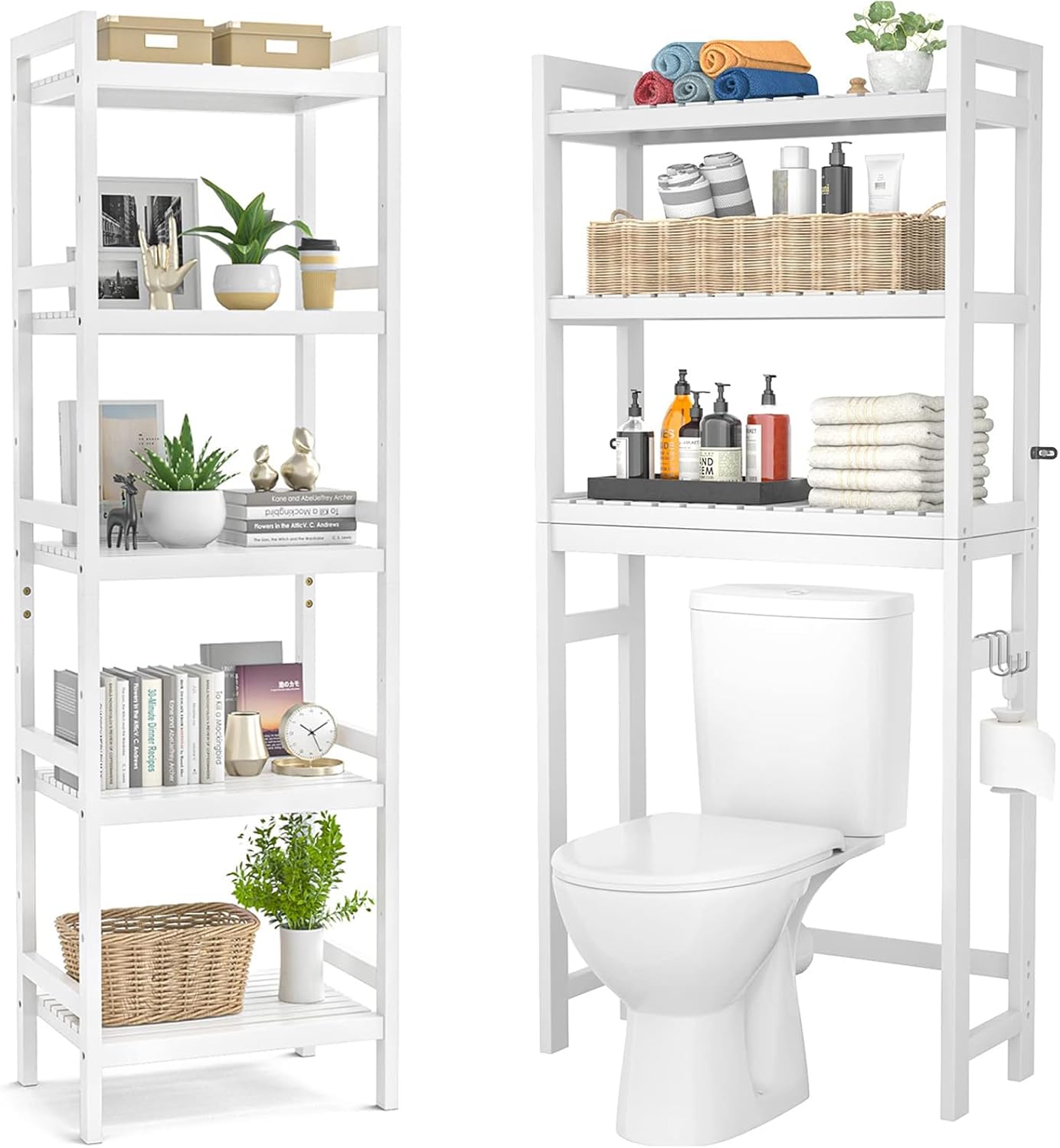 Homykic Bamboo Over The Toilet Storage Shelf and 5-Tier Bathroom Shelf Bundle, White
