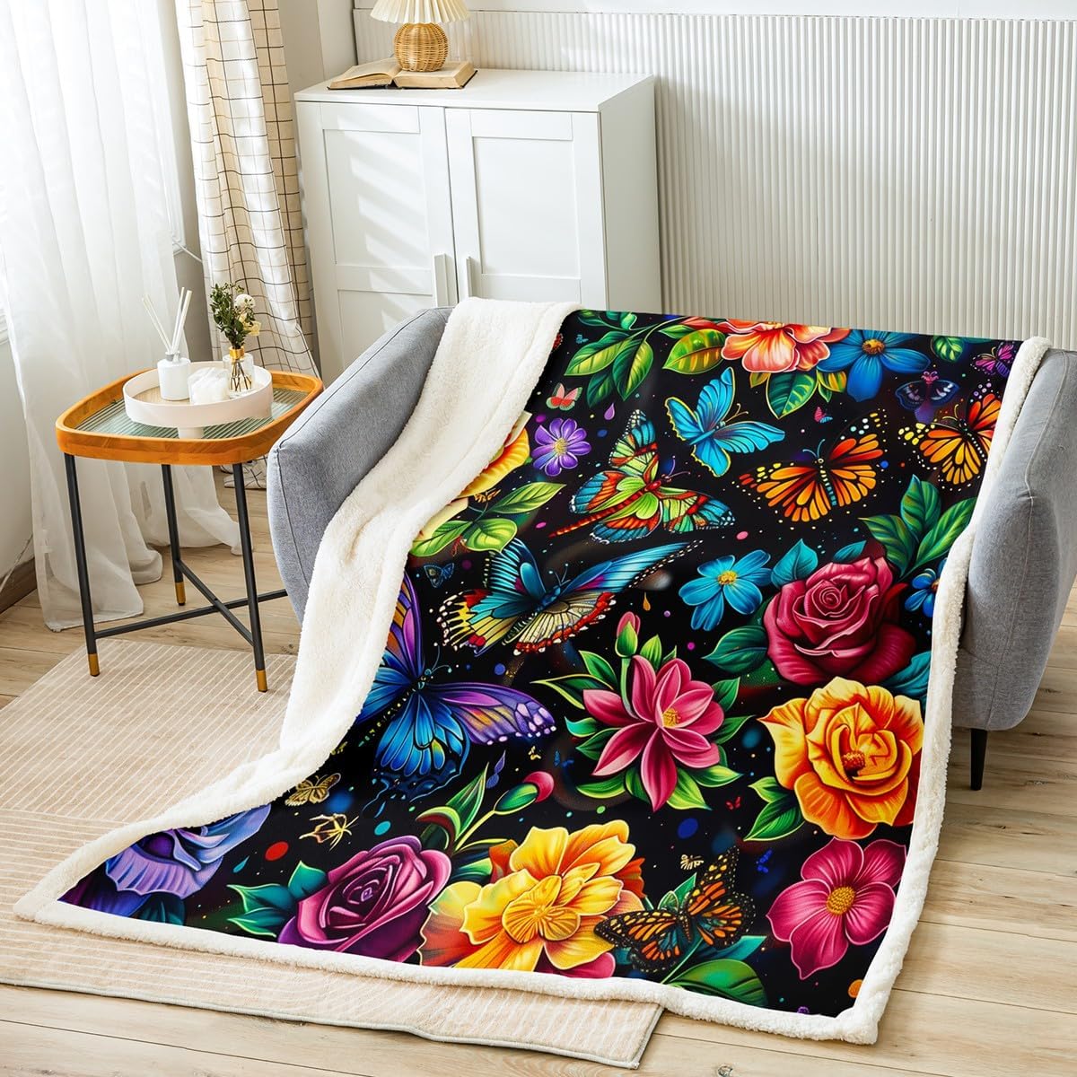 Watercolor Butterfly Flannel Blanket,Butterflies Wild Animal Print Fuzzy Blanket for Children Present,Pink Yellow Floral Plant Galaxy Polyester Throw Blanket for Couch, Twin Size (60 x 80 Inch)