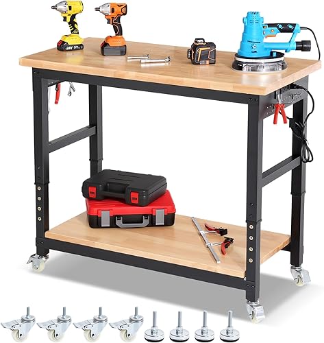 Miniatura 10 de Mesa de trabajo con ruedas de 60 pulgadas con tablero de madera de caucho resistente para garaje, mesa de trabajo de altura ajustable con tablero de